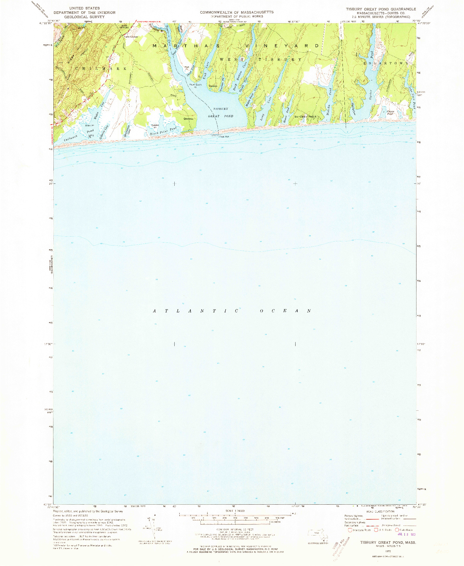 USGS 1:24000-SCALE QUADRANGLE FOR TISBURY GREAT POND, MA 1972