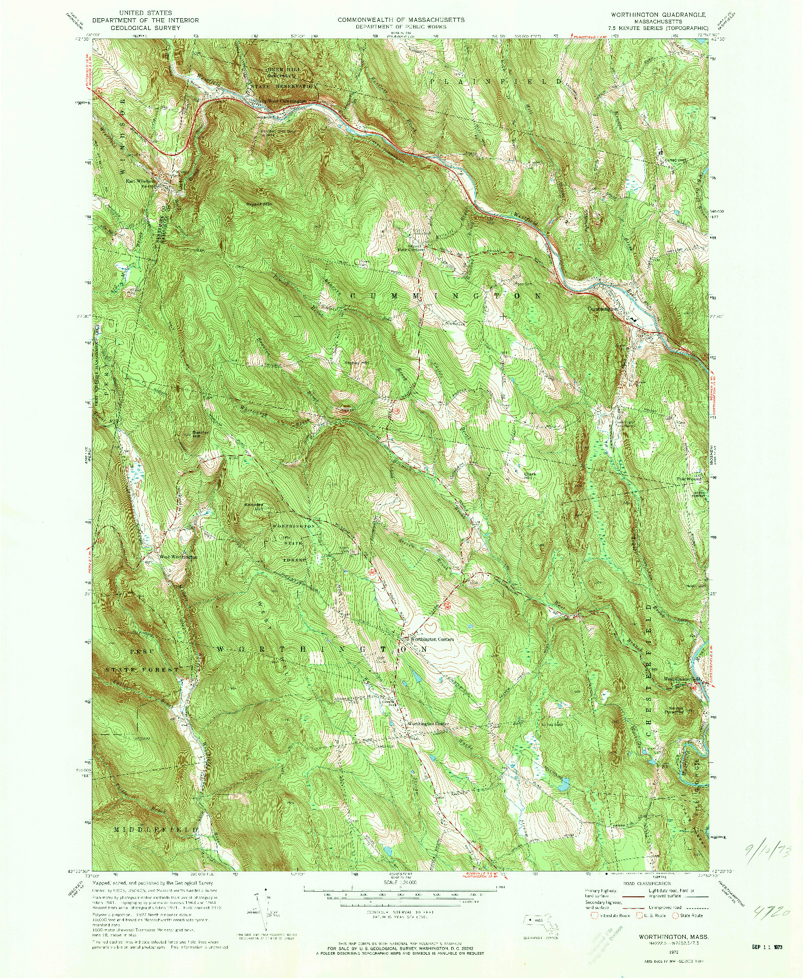 USGS 1:24000-SCALE QUADRANGLE FOR WORTHINGTON, MA 1972