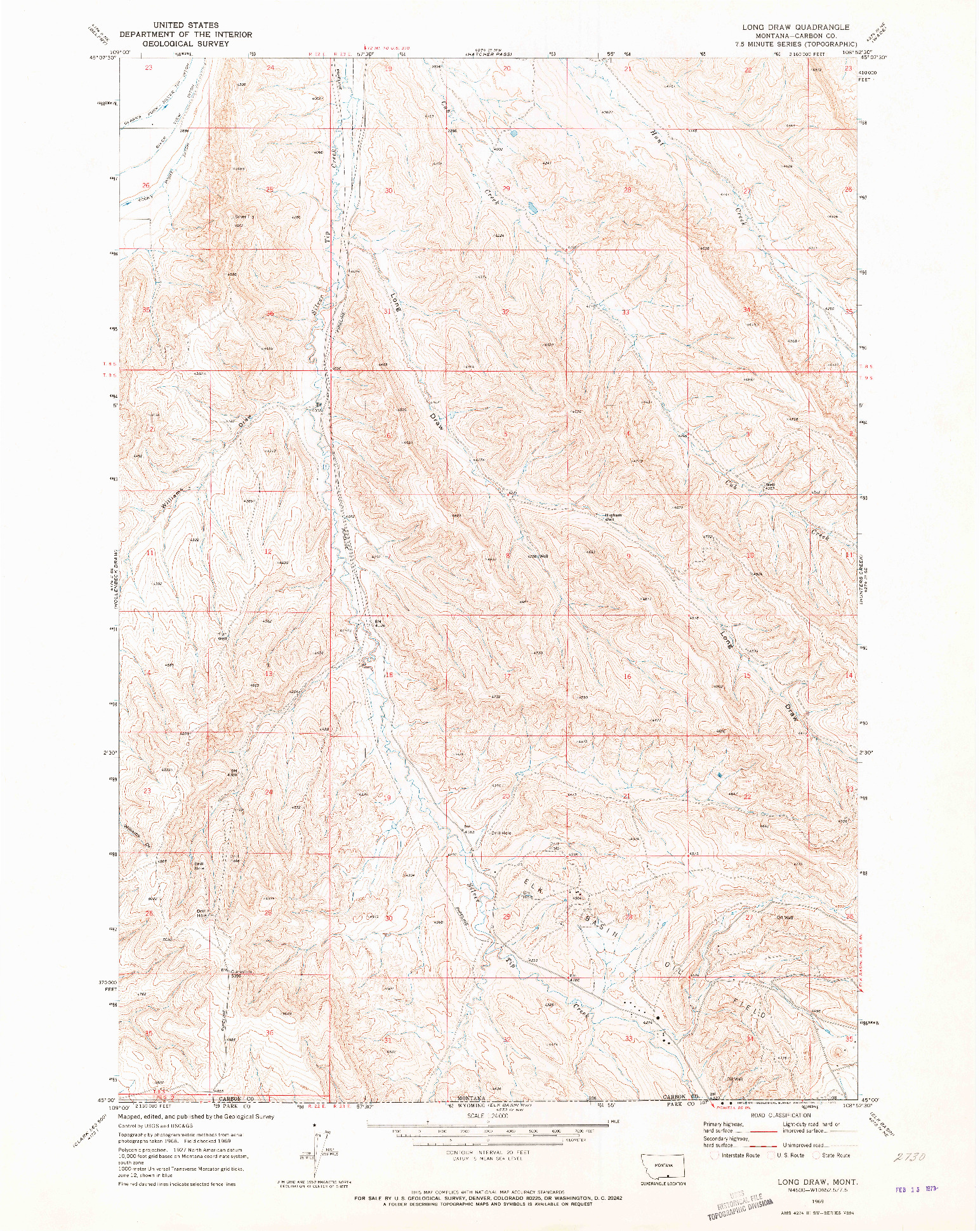USGS 1:24000-SCALE QUADRANGLE FOR LONG DRAW, MT 1969
