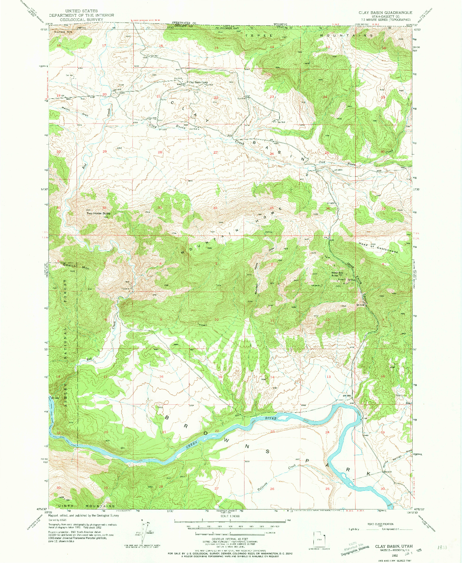 USGS 1:24000-SCALE QUADRANGLE FOR CLAY BASIN, UT 1952