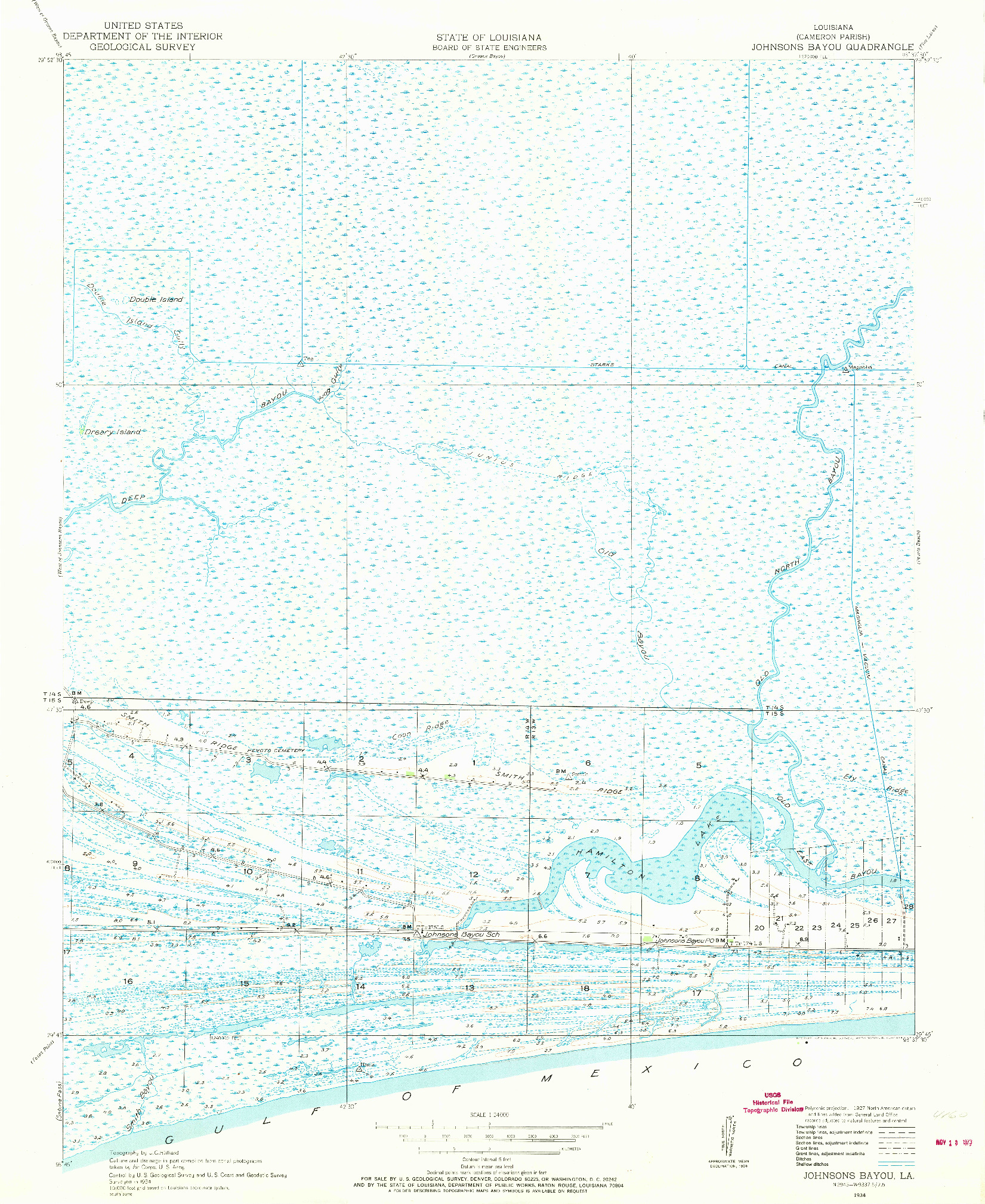 USGS 1:24000-SCALE QUADRANGLE FOR JOHNSONS BAYOU, LA 1934