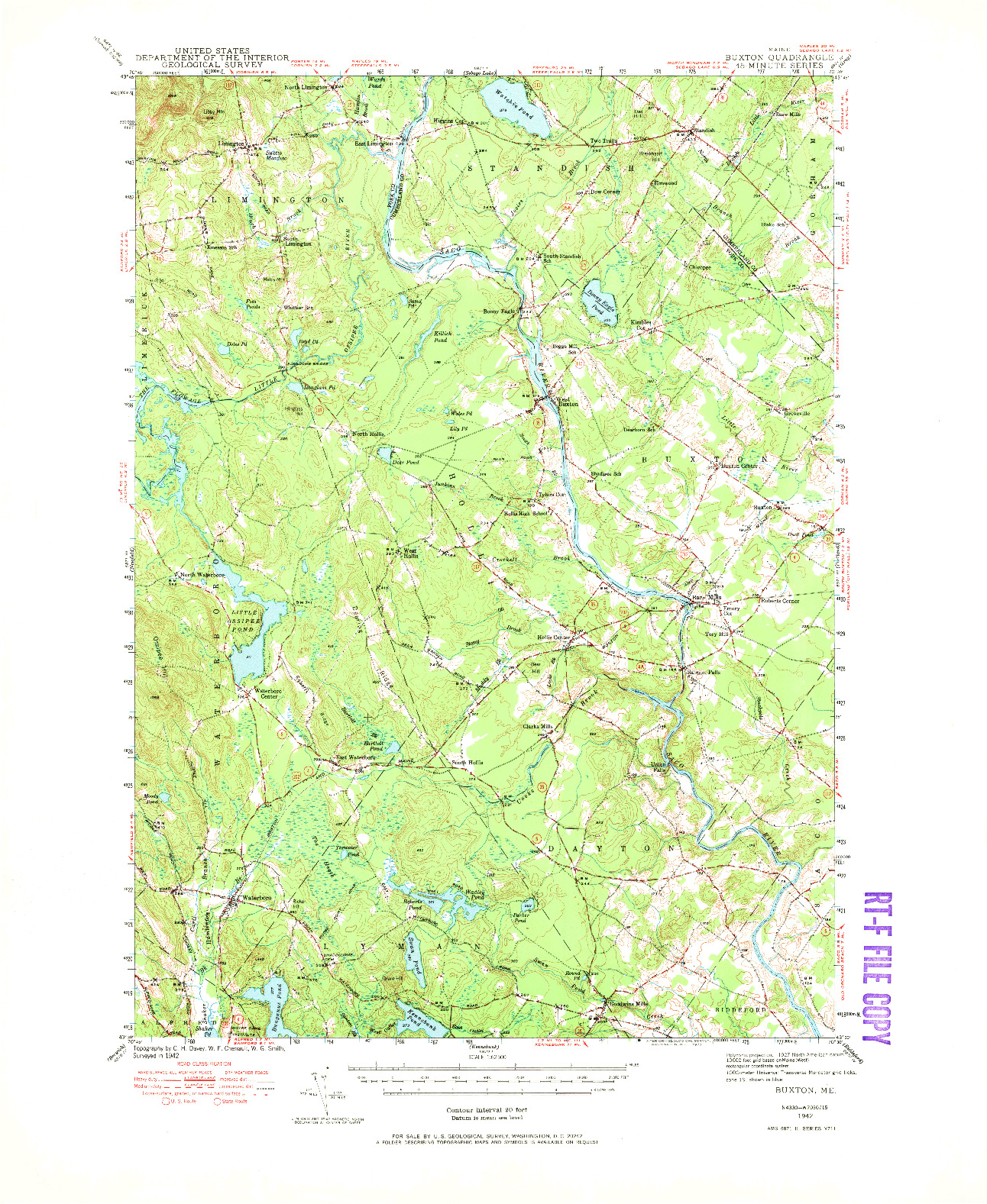 USGS 1:62500-SCALE QUADRANGLE FOR BUXTON, ME 1942