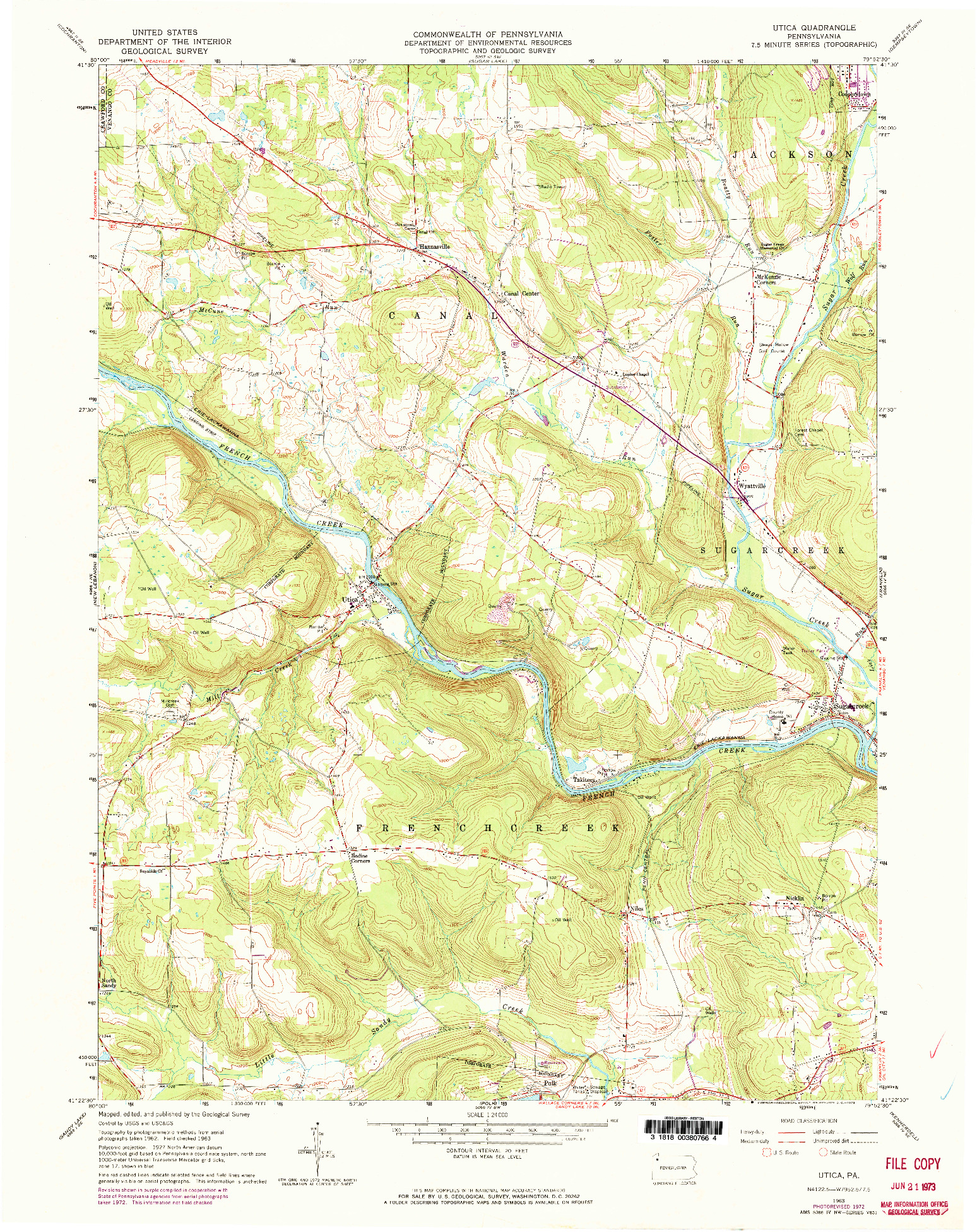 USGS 1:24000-SCALE QUADRANGLE FOR UTICA, PA 1963