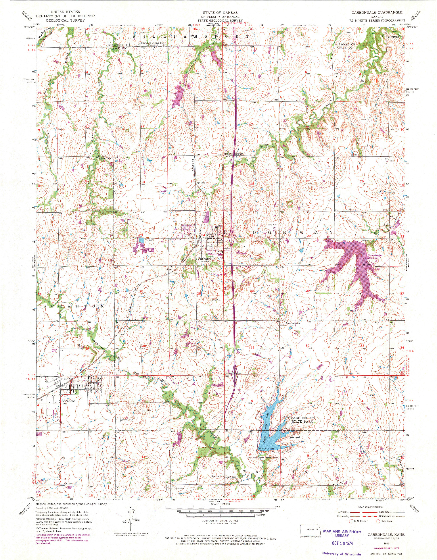 USGS 1:24000-SCALE QUADRANGLE FOR CARBONDALE, KS 1955