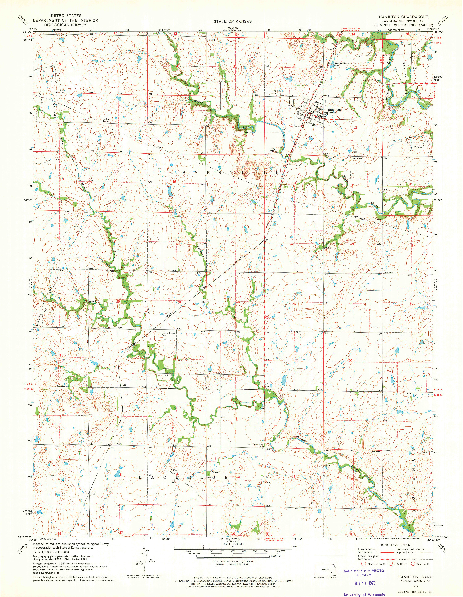 USGS 1:24000-SCALE QUADRANGLE FOR HAMILTON, KS 1971