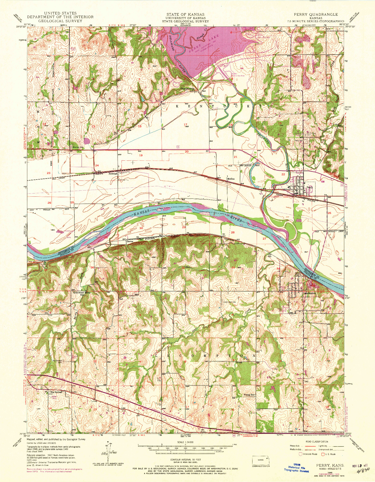 USGS 1:24000-SCALE QUADRANGLE FOR PERRY, KS 1949
