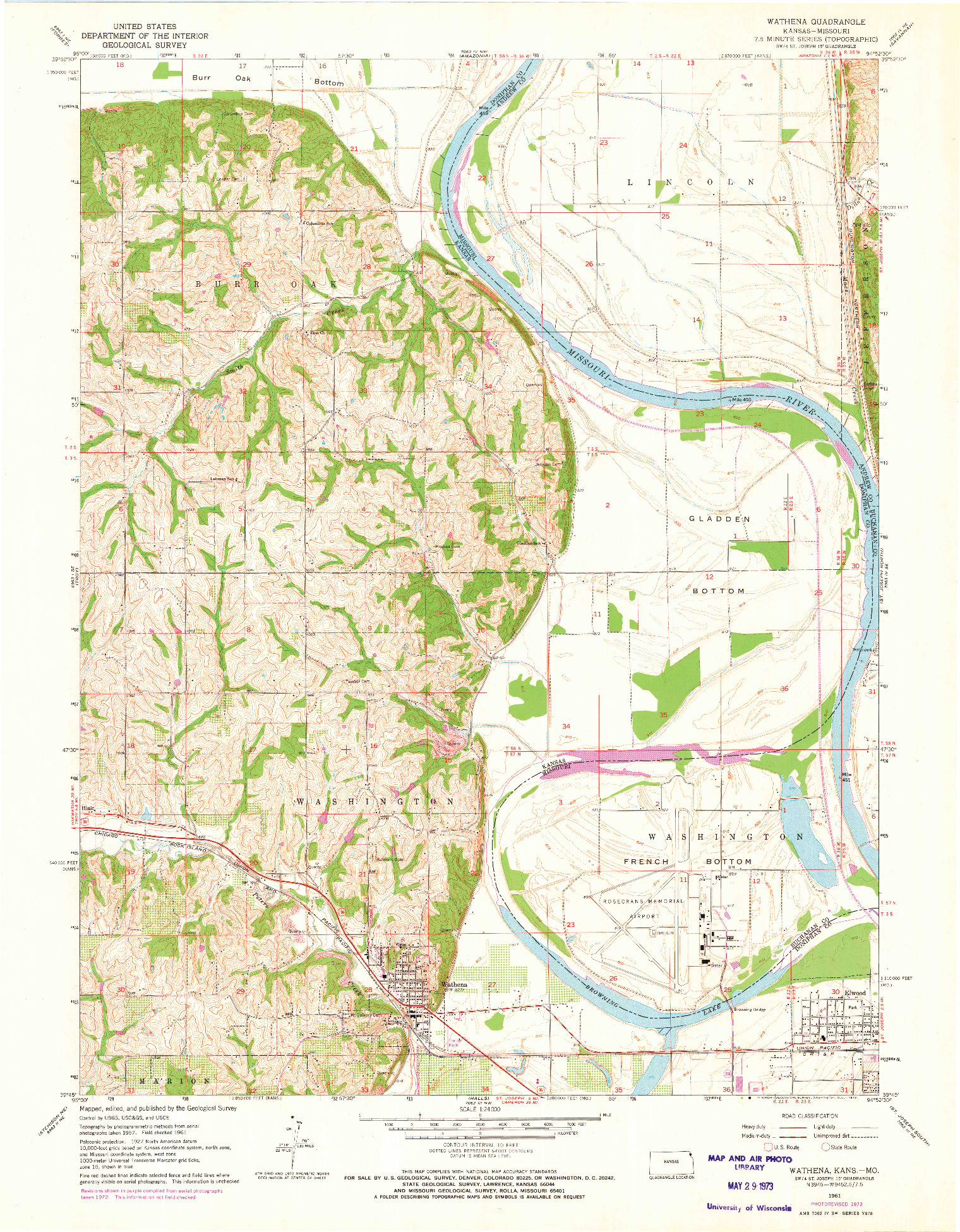 USGS 1:24000-SCALE QUADRANGLE FOR WATHENA, KS 1961