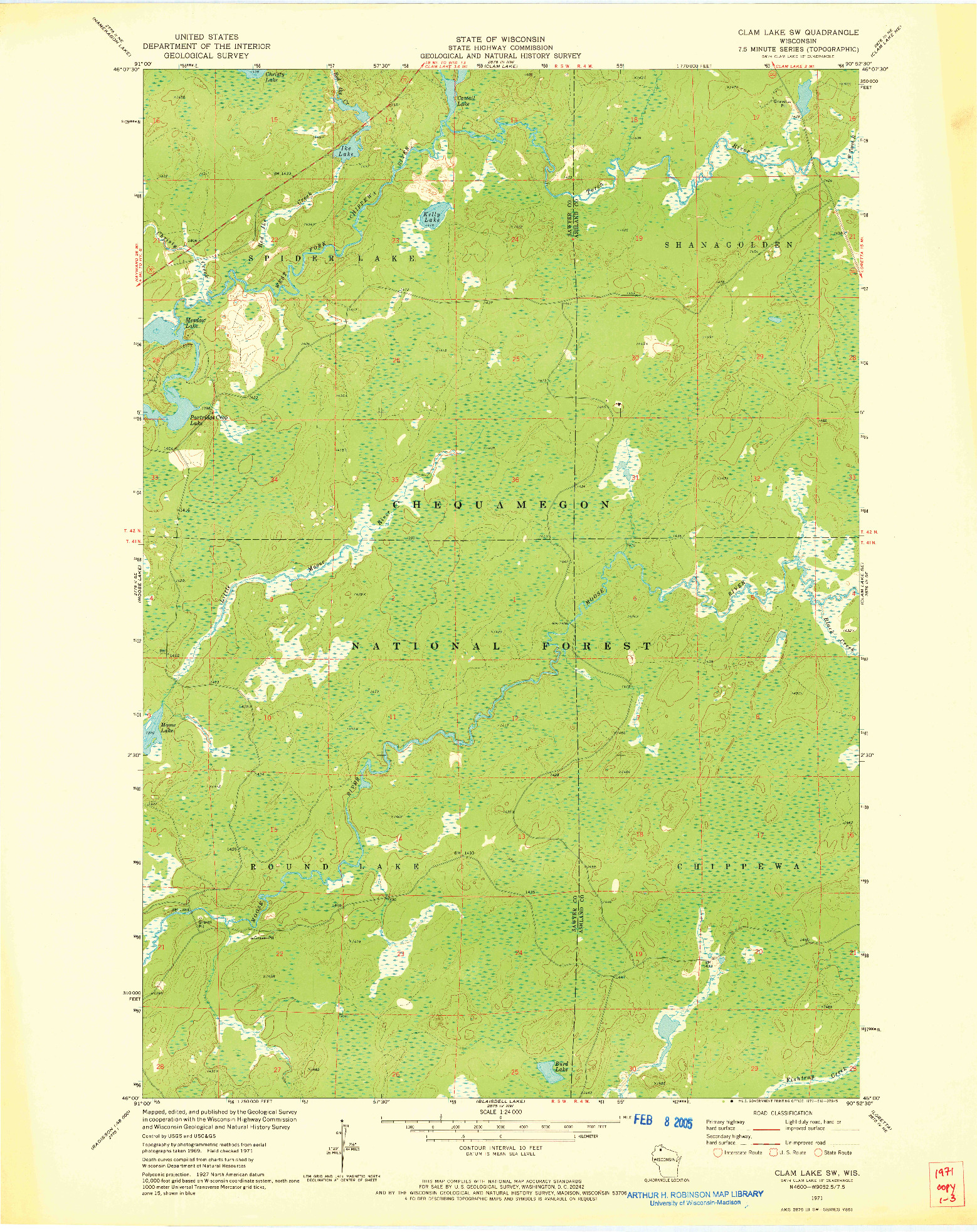 USGS 1:24000-SCALE QUADRANGLE FOR CLAM LAKE SW, WI 1971