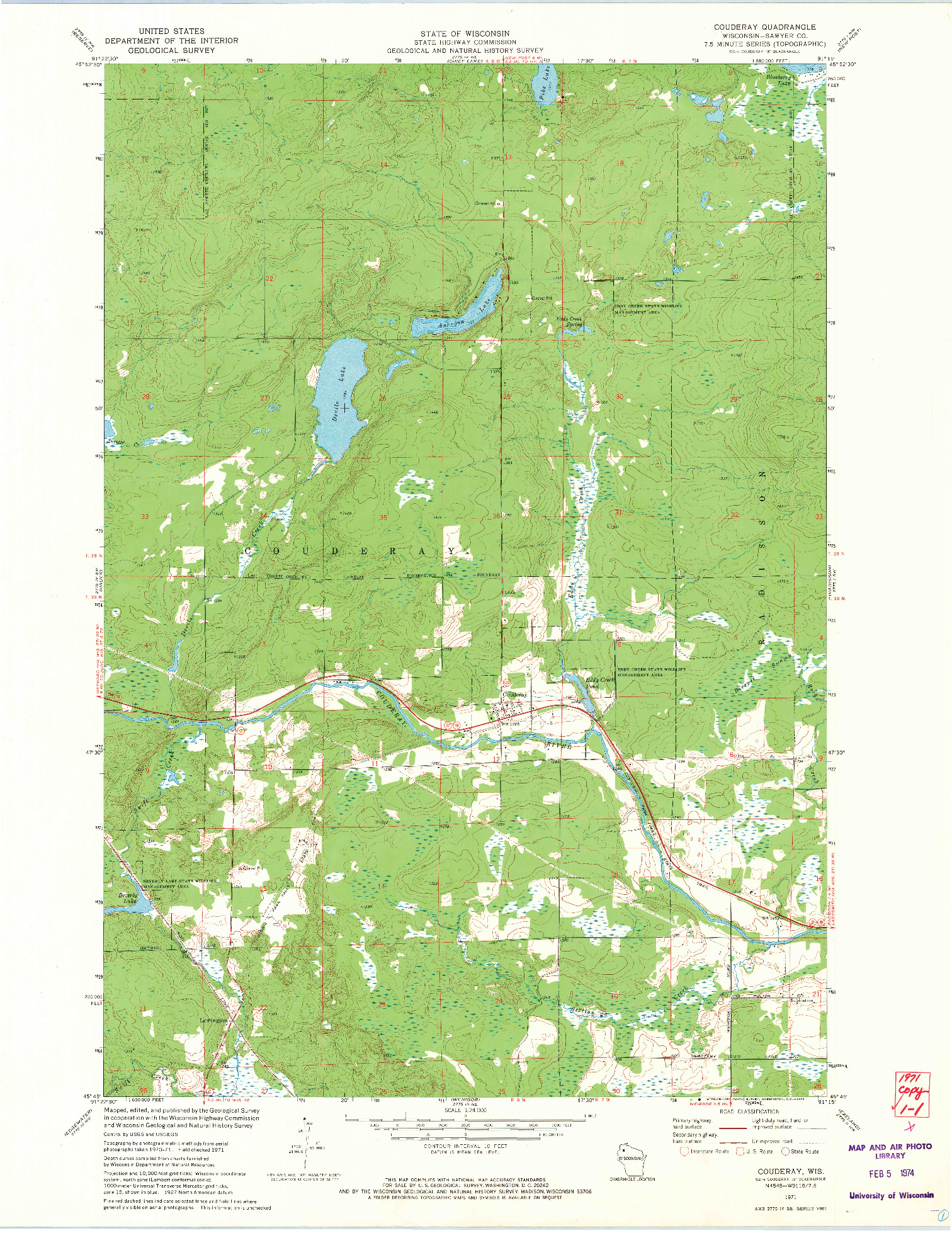 USGS 1:24000-SCALE QUADRANGLE FOR COUDERAY, WI 1971