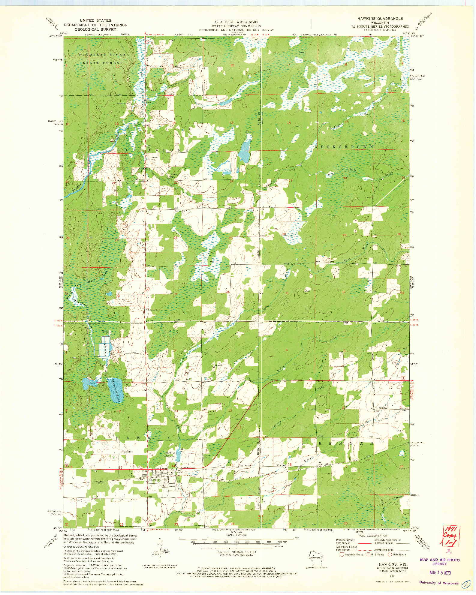 USGS 1:24000-SCALE QUADRANGLE FOR HAWKINS, WI 1971