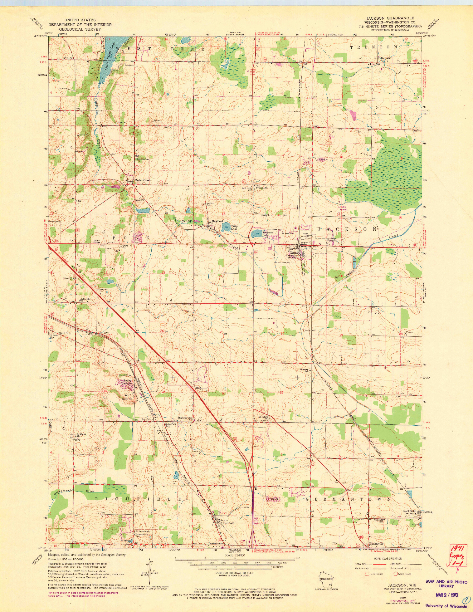 USGS 1:24000-SCALE QUADRANGLE FOR JACKSON, WI 1959