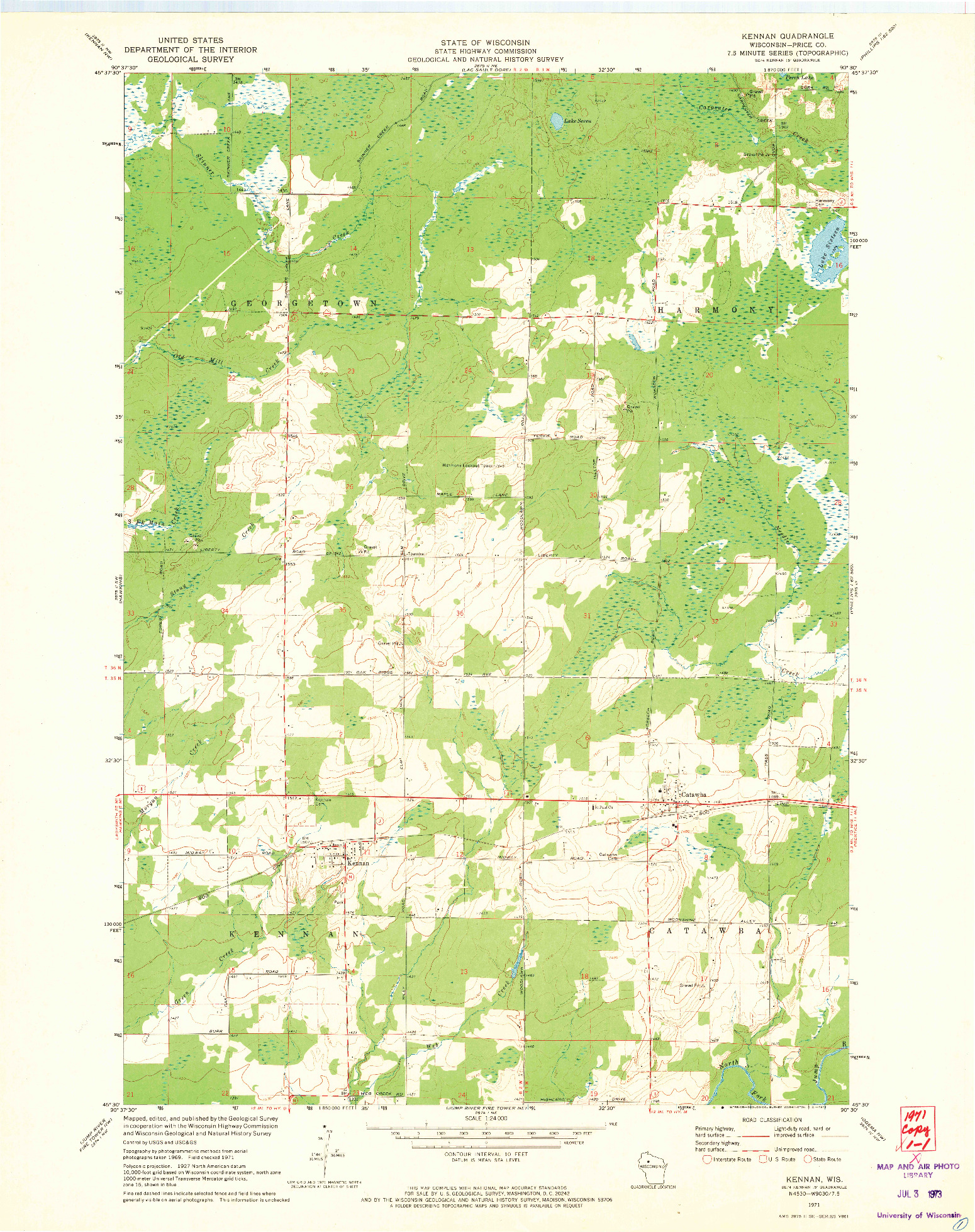 USGS 1:24000-SCALE QUADRANGLE FOR KENNAN, WI 1971
