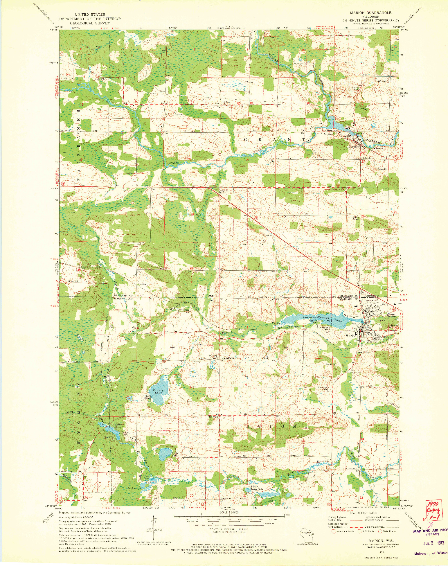USGS 1:24000-SCALE QUADRANGLE FOR MARION, WI 1970