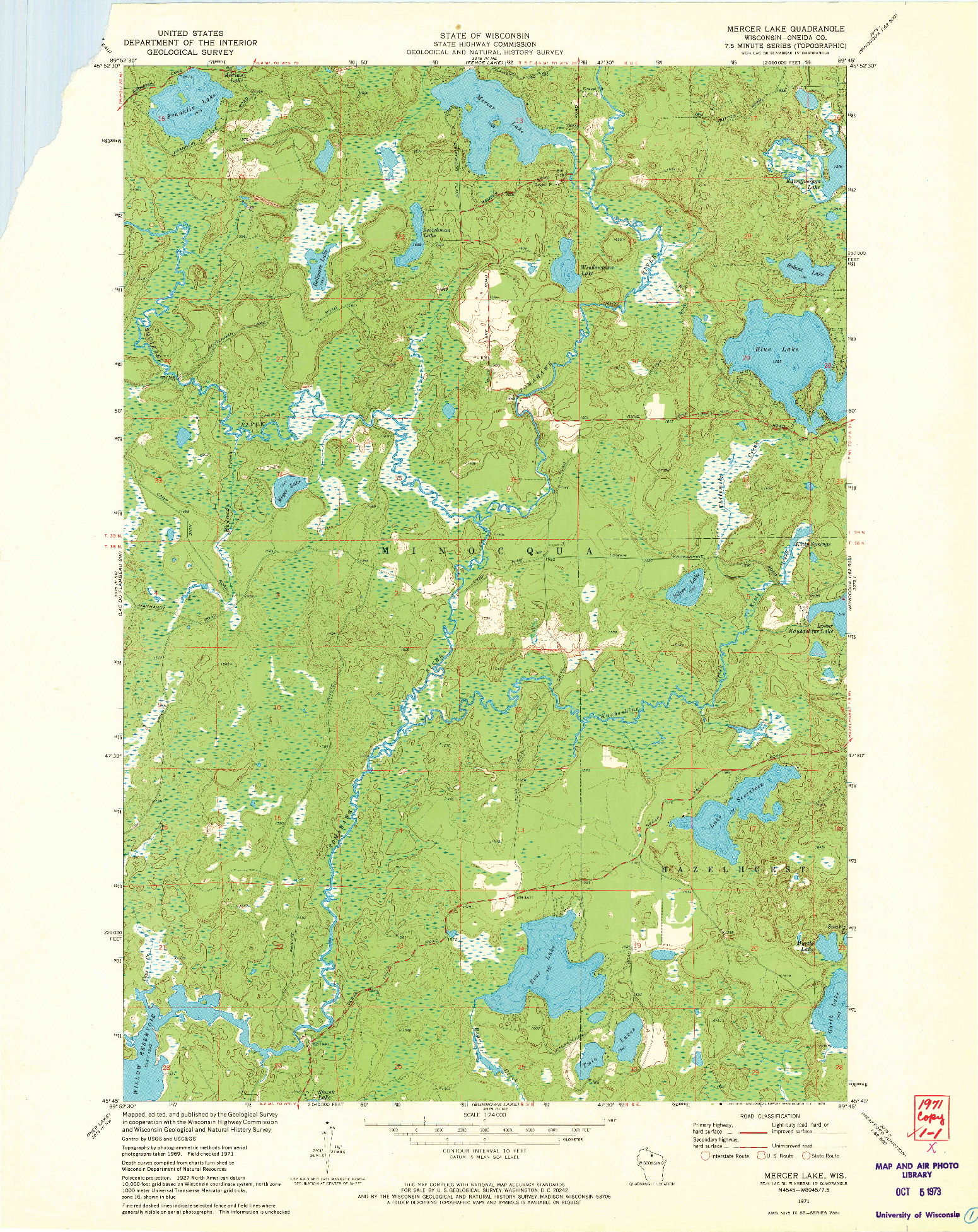 USGS 1:24000-SCALE QUADRANGLE FOR MERCER LAKE, WI 1971
