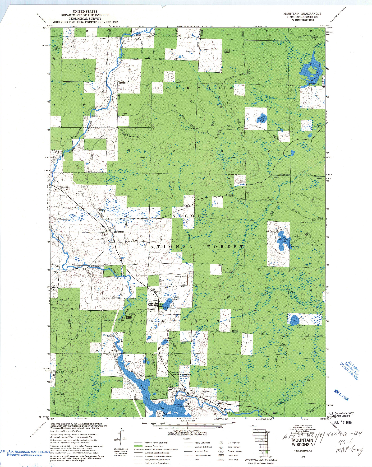 USGS 1:24000-SCALE QUADRANGLE FOR MOUNTAIN, WI 1973