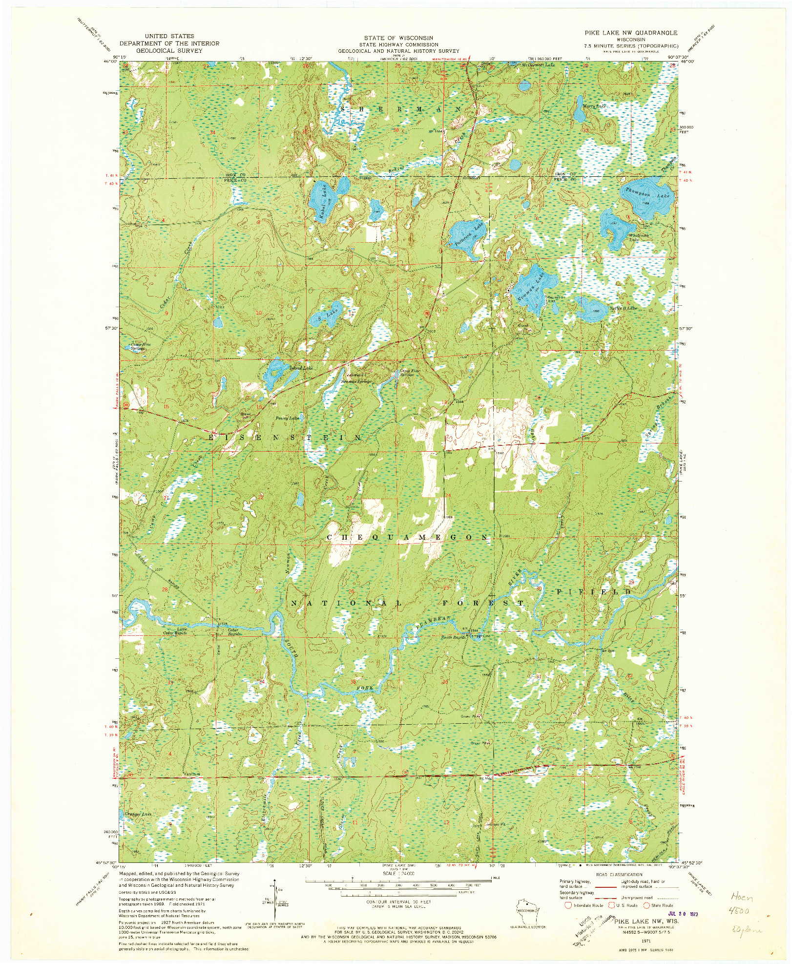 USGS 1:24000-SCALE QUADRANGLE FOR PIKE LAKE NW, WI 1971