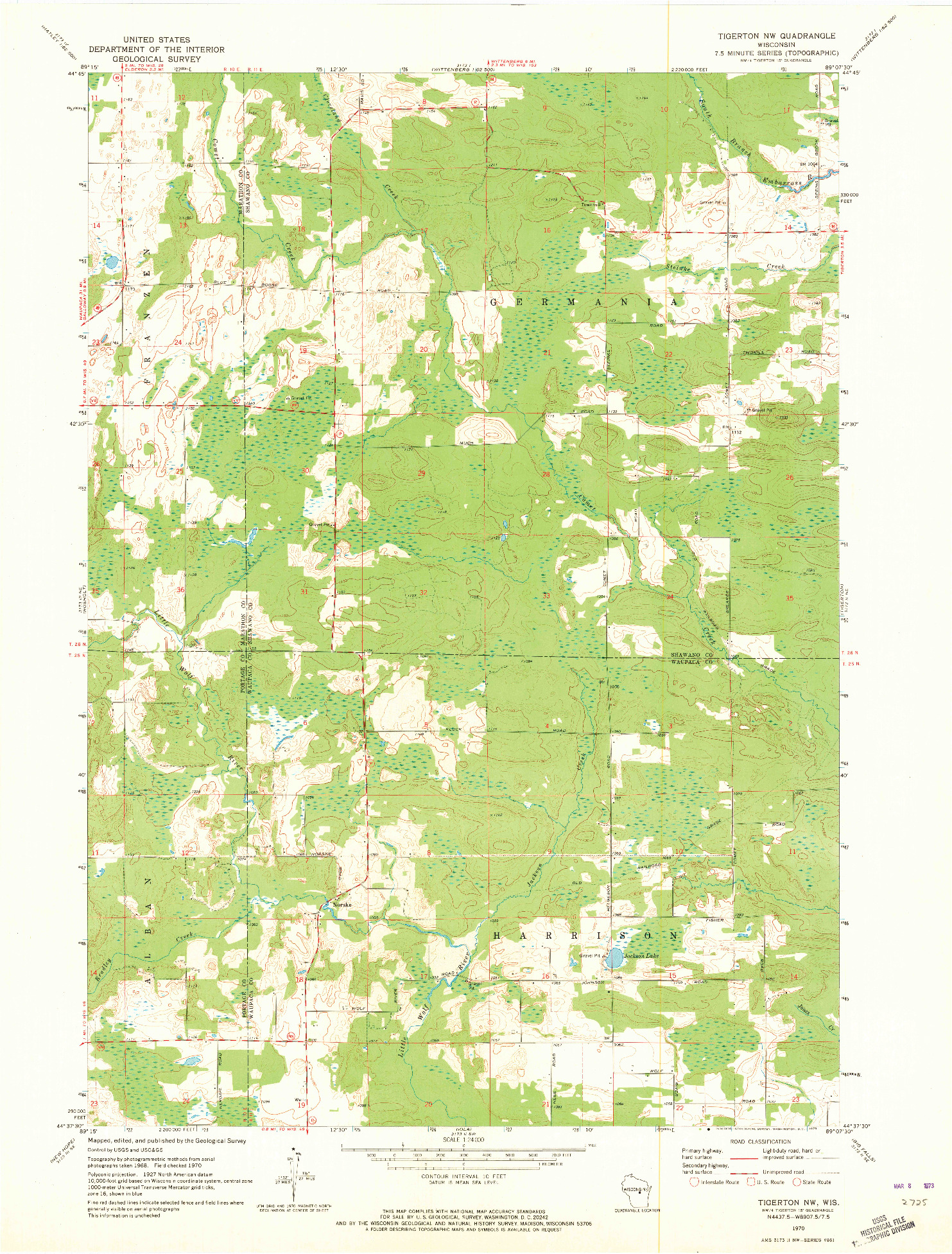 USGS 1:24000-SCALE QUADRANGLE FOR TIGERTON NW, WI 1970