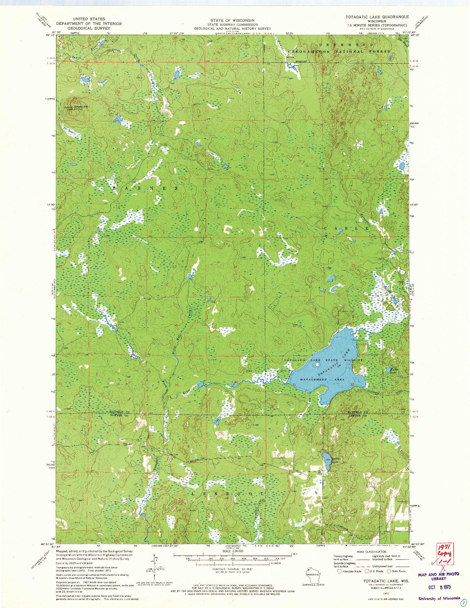 USGS 1:24000-SCALE QUADRANGLE FOR TOTAGATIC LAKE, WI 1971