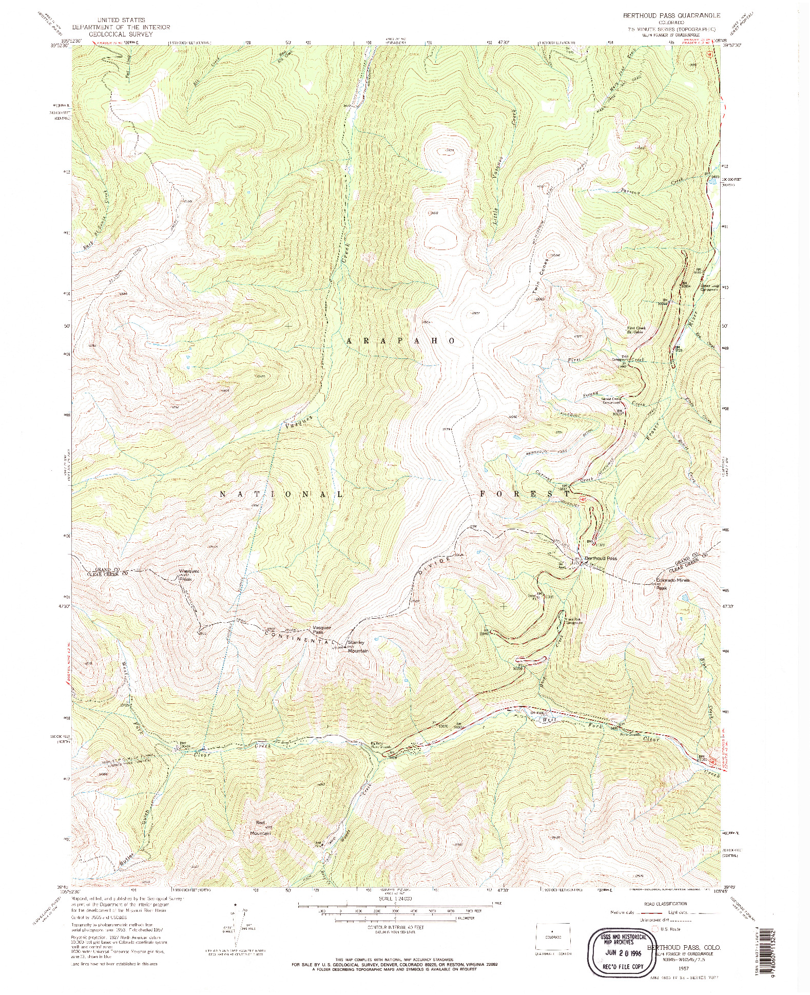 USGS 1:24000-SCALE QUADRANGLE FOR BERTHOUD PASS, CO 1957