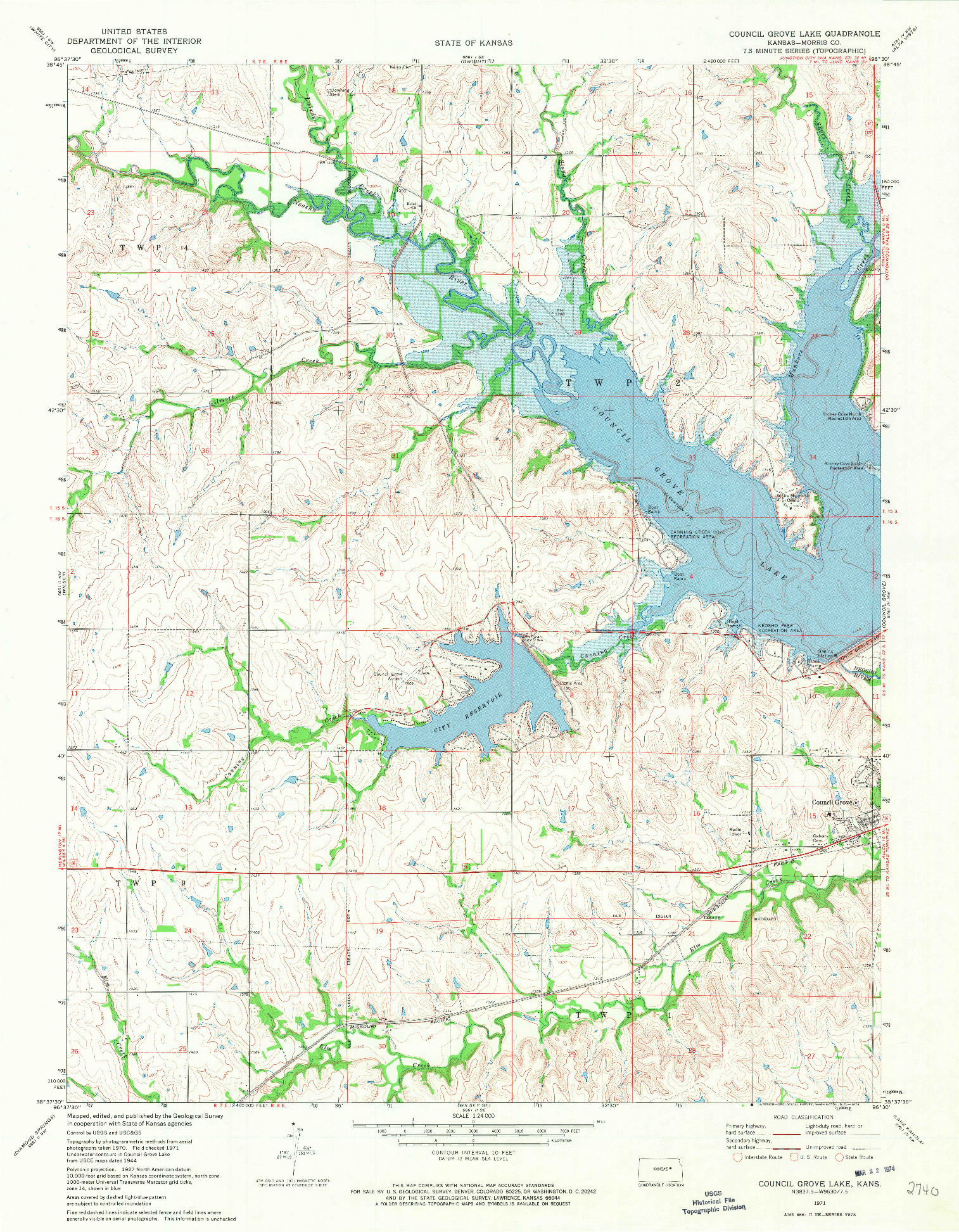 USGS 1:24000-SCALE QUADRANGLE FOR COUNCIL GROVE LAKE, KS 1971