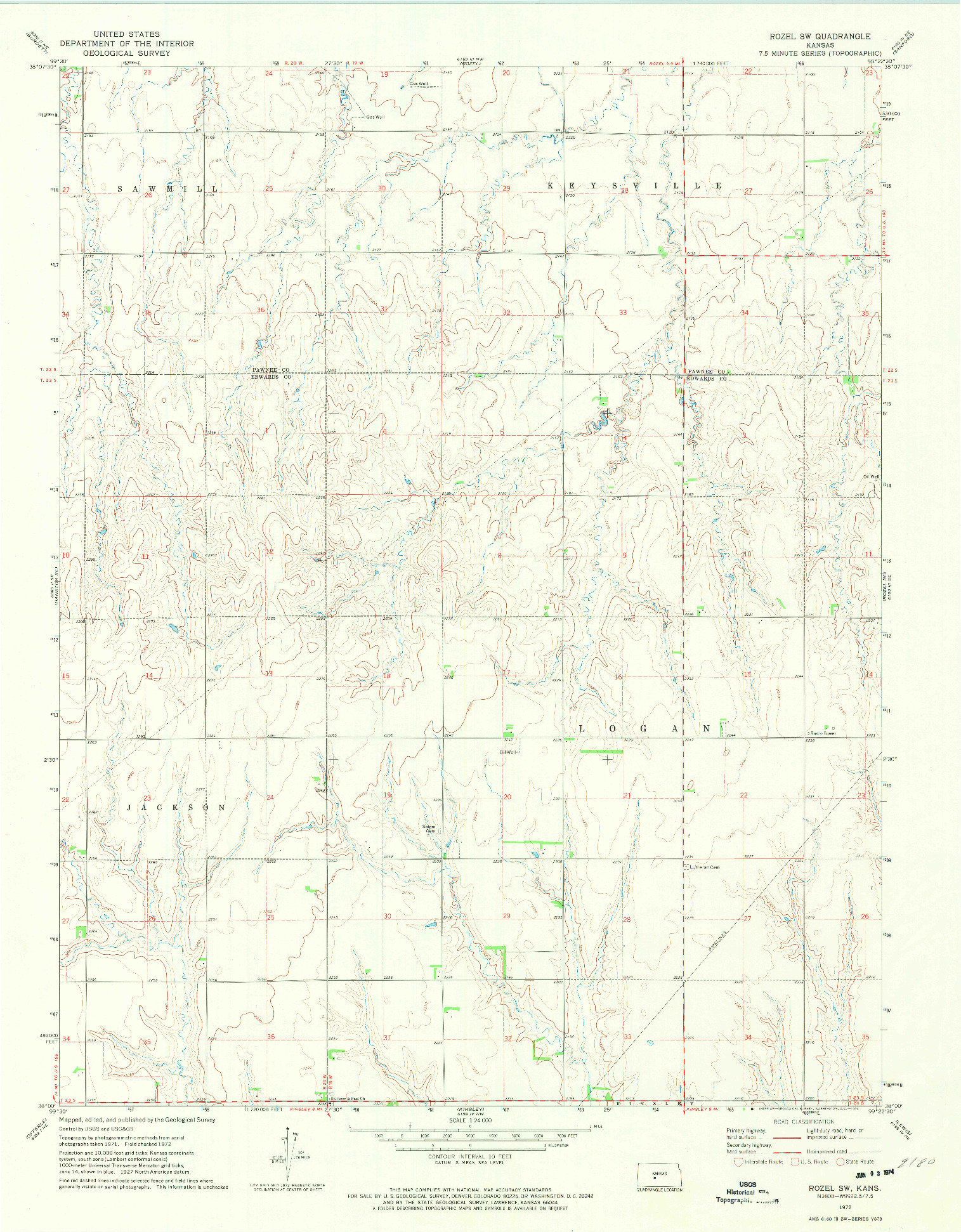 USGS 1:24000-SCALE QUADRANGLE FOR ROZEL SW, KS 1972