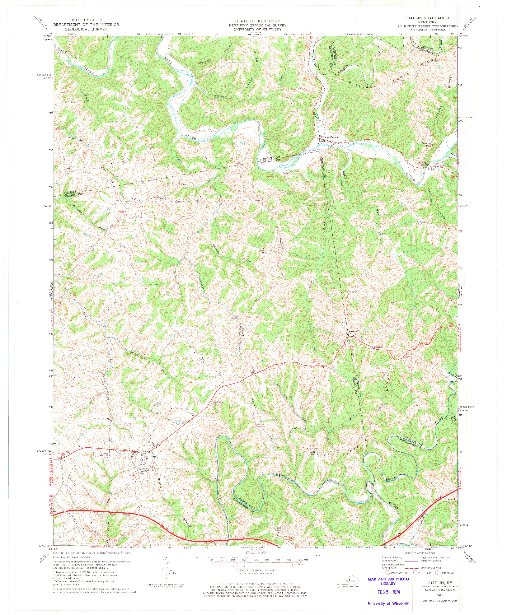 USGS 1:24000-SCALE QUADRANGLE FOR CHAPLIN, KY 1972