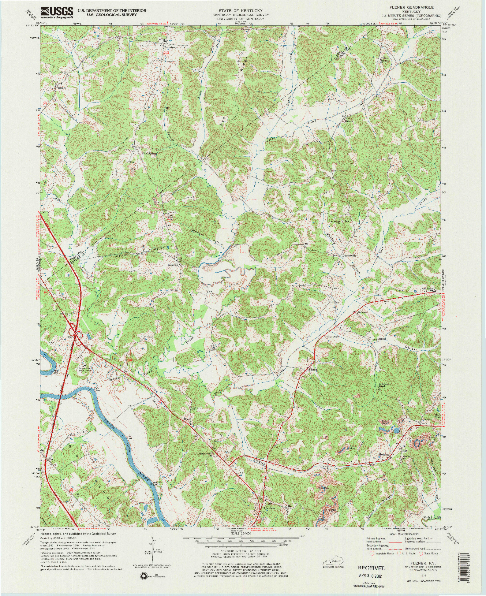 USGS 1:24000-SCALE QUADRANGLE FOR FLENER, KY 1973