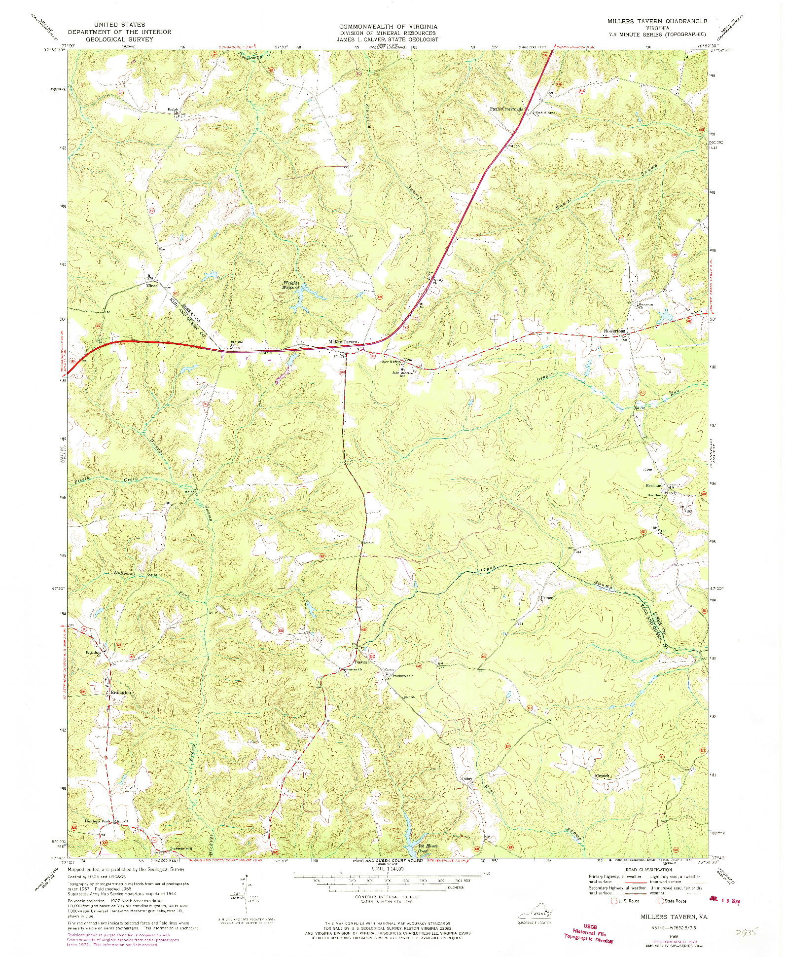 USGS 1:24000-SCALE QUADRANGLE FOR MILLERS TAVERN, VA 1968