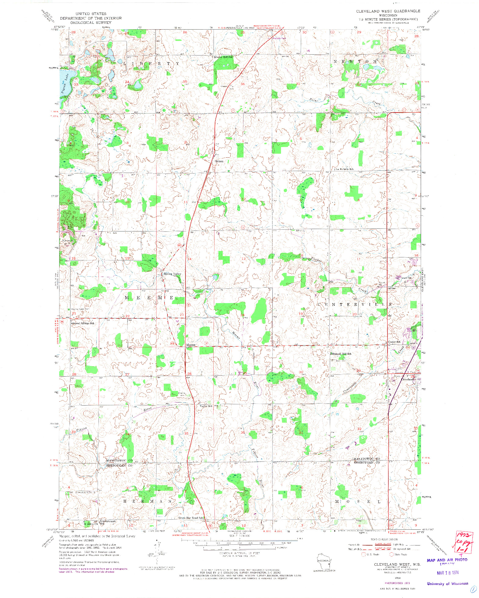 USGS 1:24000-SCALE QUADRANGLE FOR CLEVELAND WEST, WI 1954