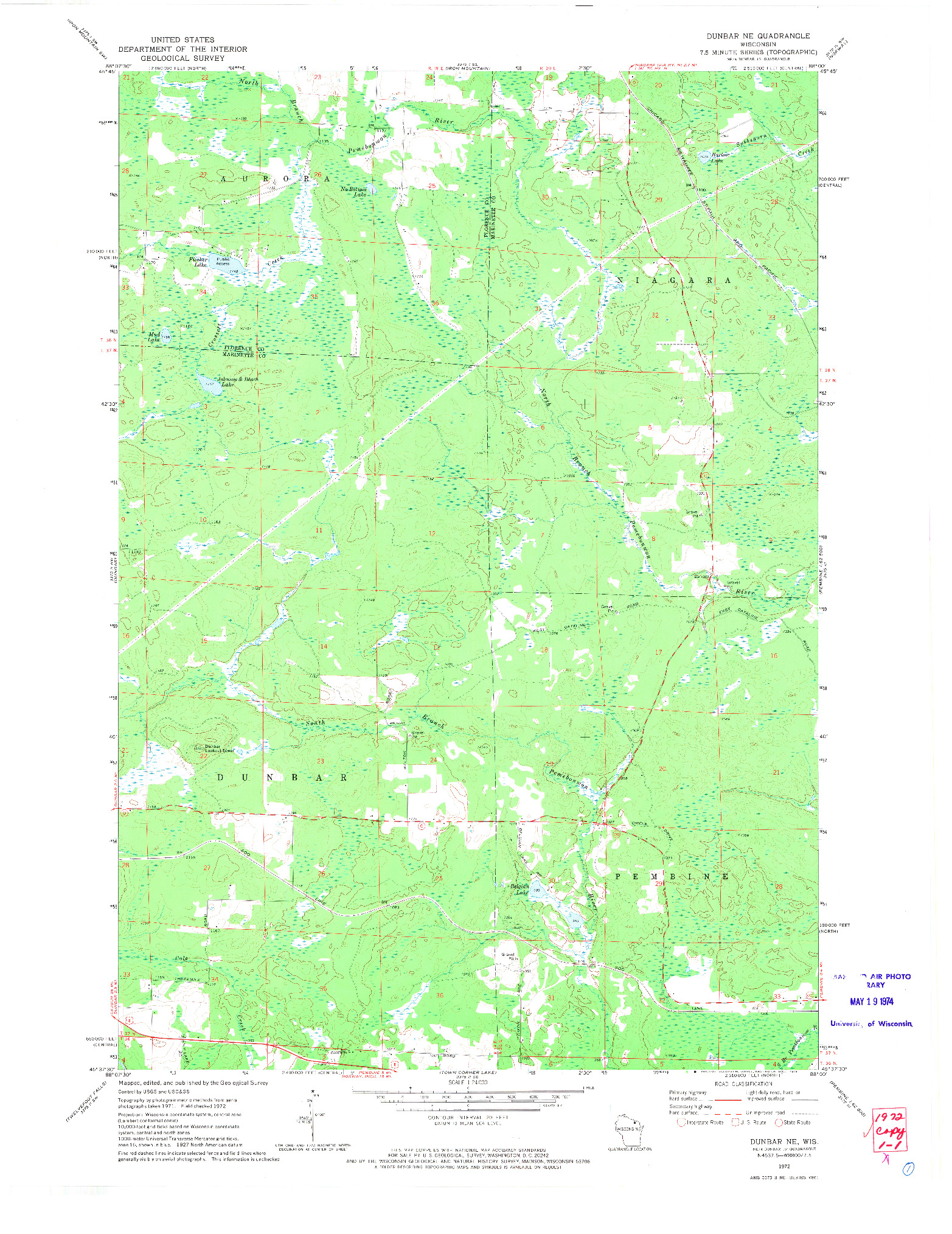 USGS 1:24000-SCALE QUADRANGLE FOR DUNBAR NE, WI 1972
