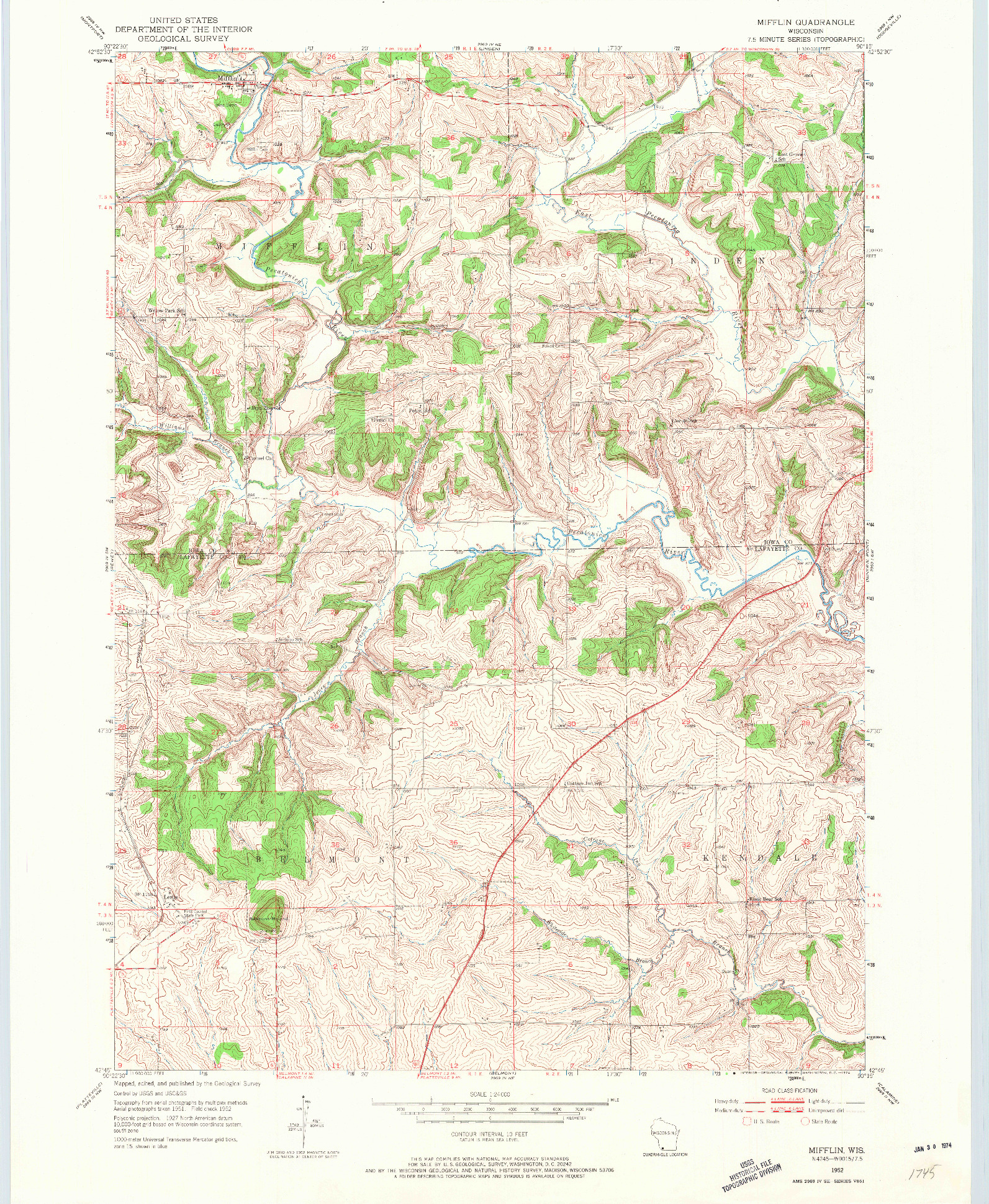 USGS 1:24000-SCALE QUADRANGLE FOR MIFFLIN, WI 1952