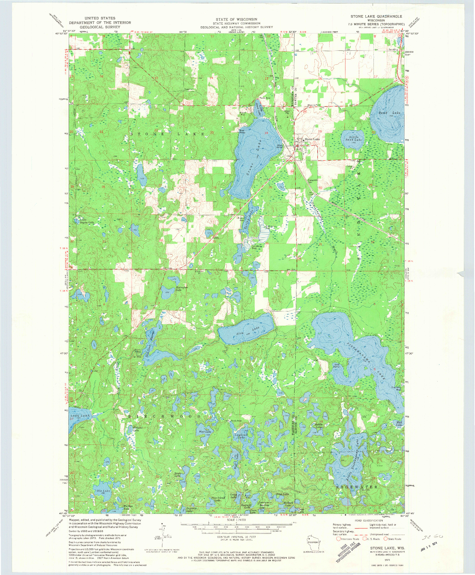 USGS 1:24000-SCALE QUADRANGLE FOR STONE LAKE, WI 1971