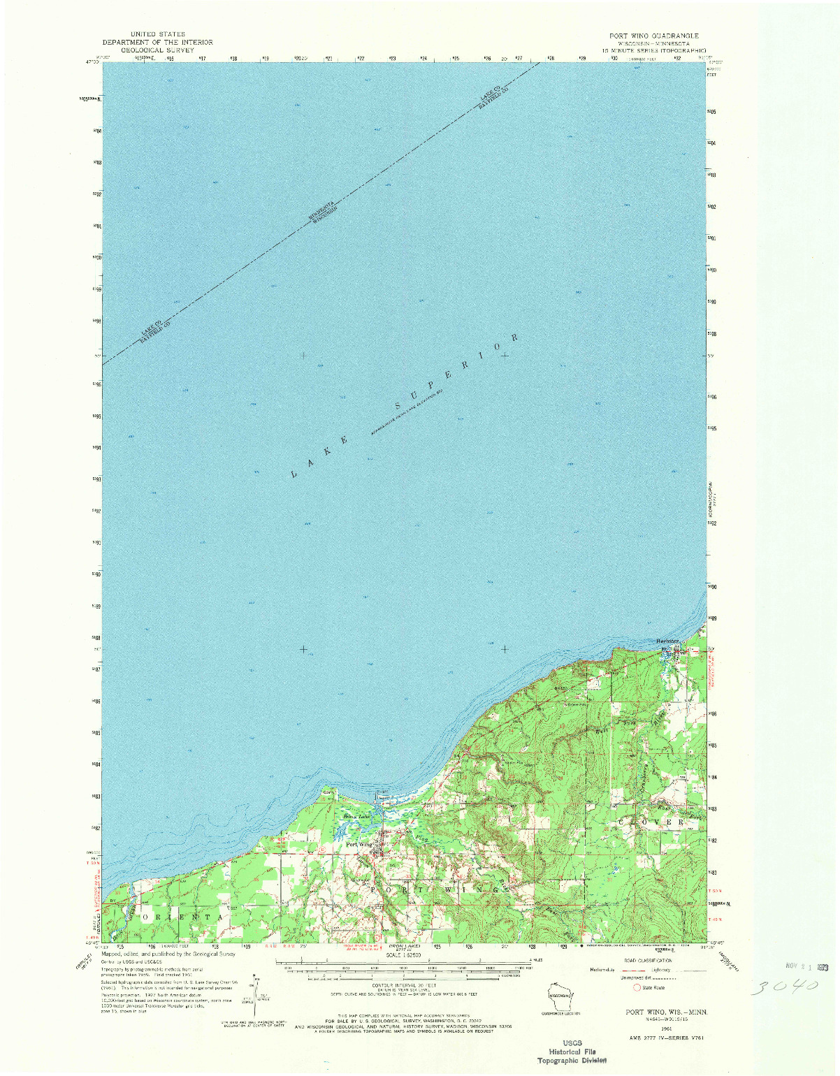 USGS 1:62500-SCALE QUADRANGLE FOR PORT WING, WI 1961