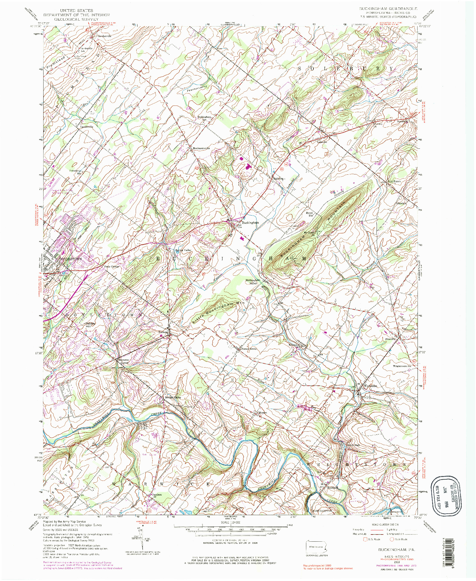 USGS 1:24000-SCALE QUADRANGLE FOR BUCKINGHAM, PA 1953