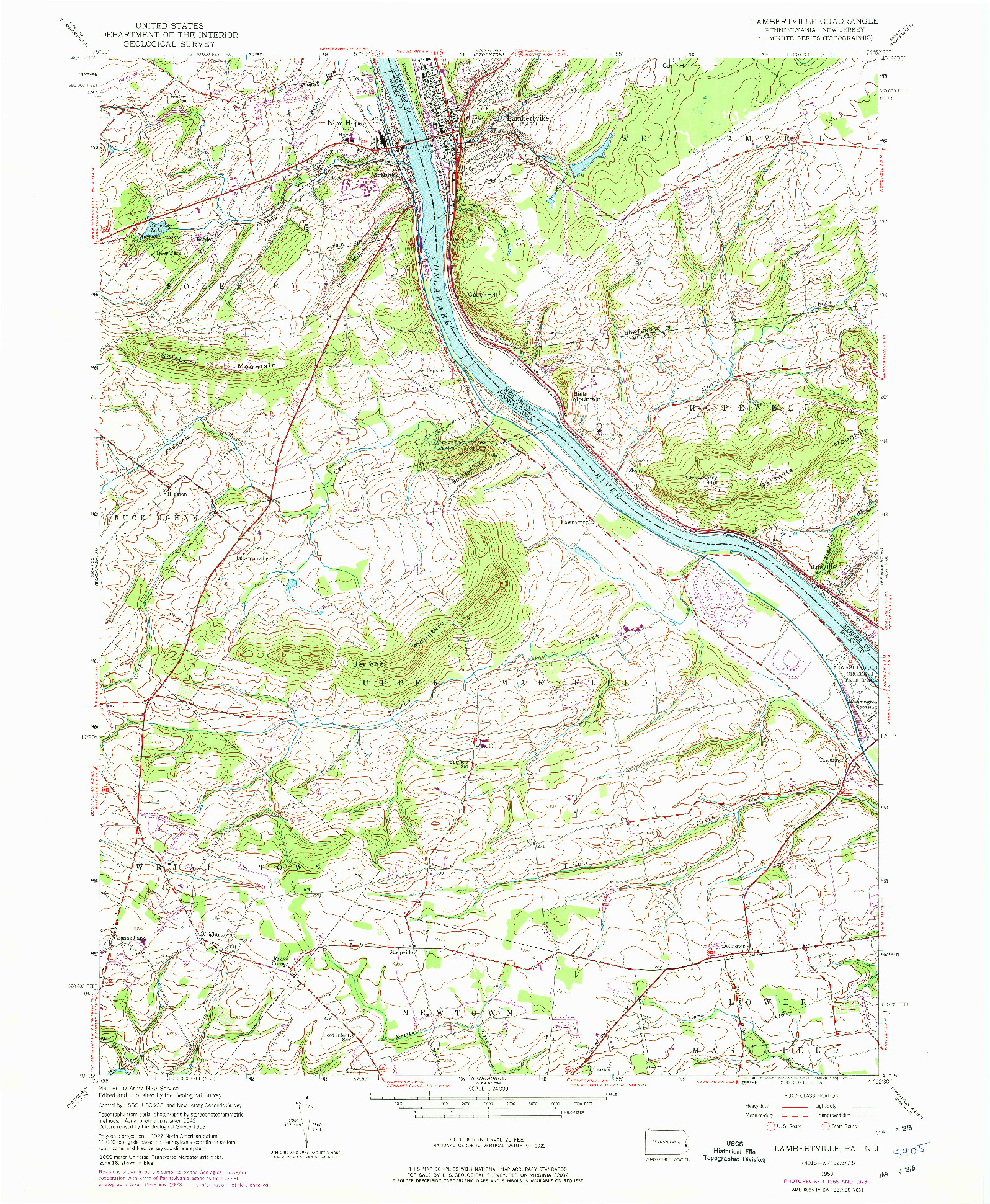 USGS 1:24000-SCALE QUADRANGLE FOR LAMBERTVILLE, PA 1953