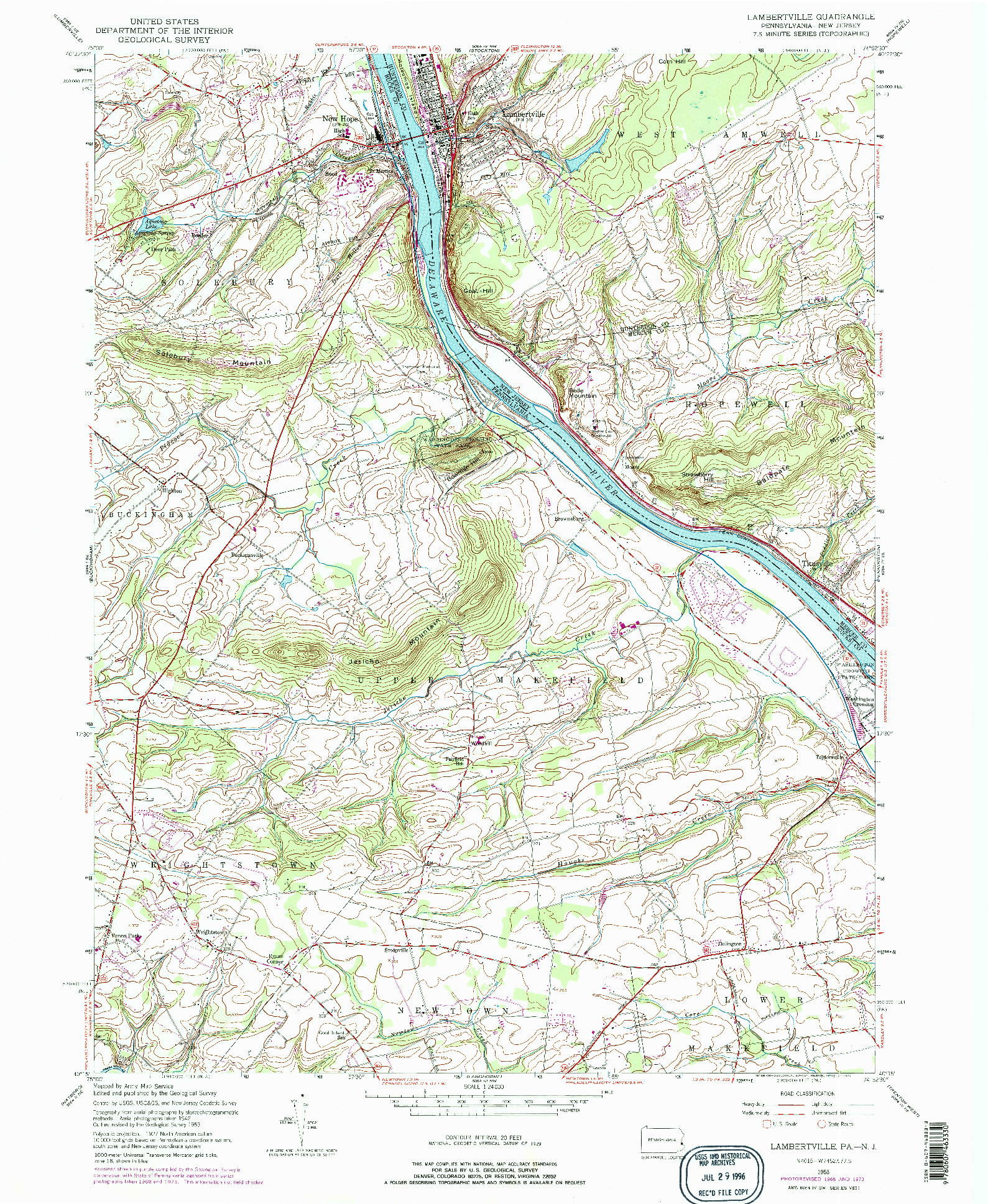 USGS 1:24000-SCALE QUADRANGLE FOR LAMBERTVILLE, PA 1953