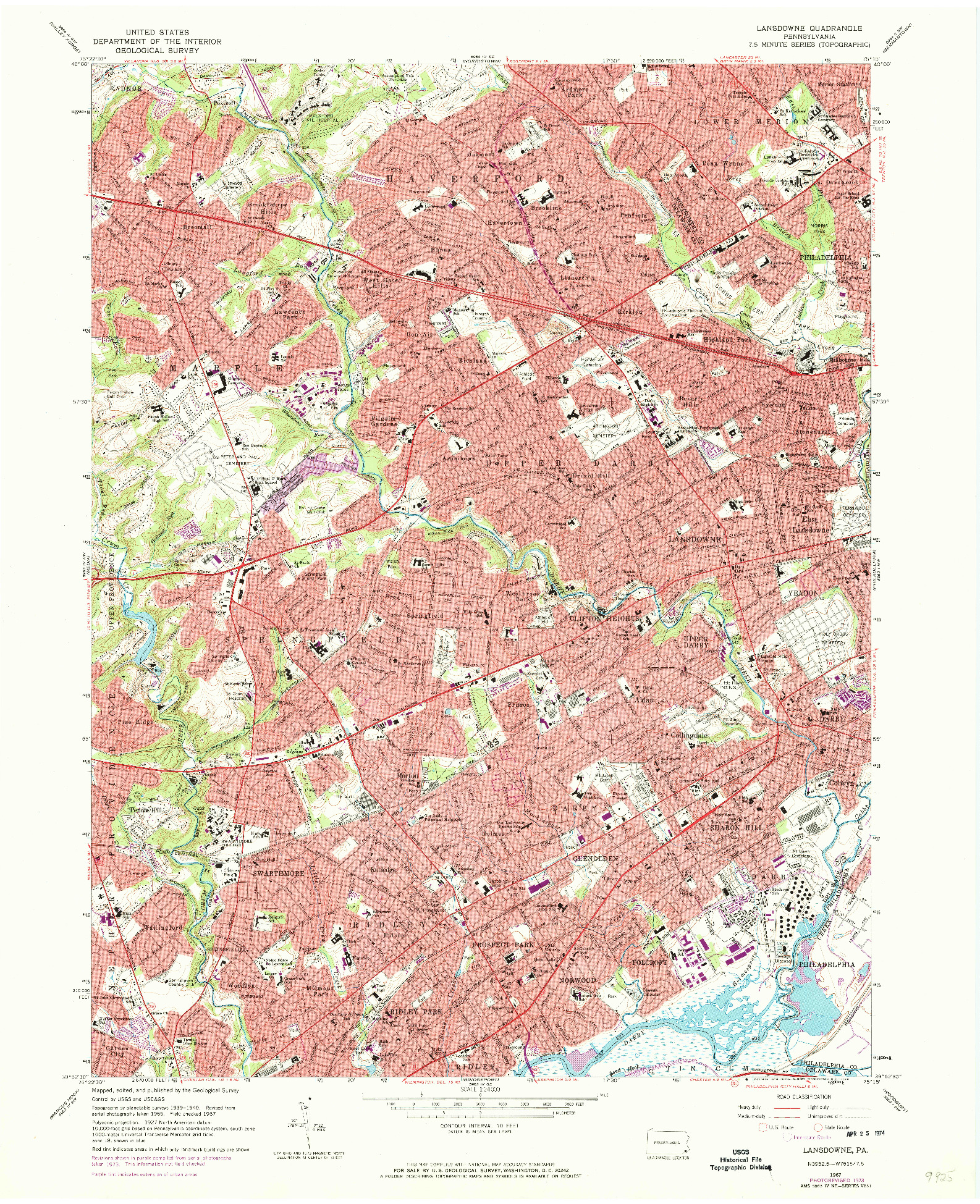 USGS 1:24000-SCALE QUADRANGLE FOR LANSDOWNE, PA 1967