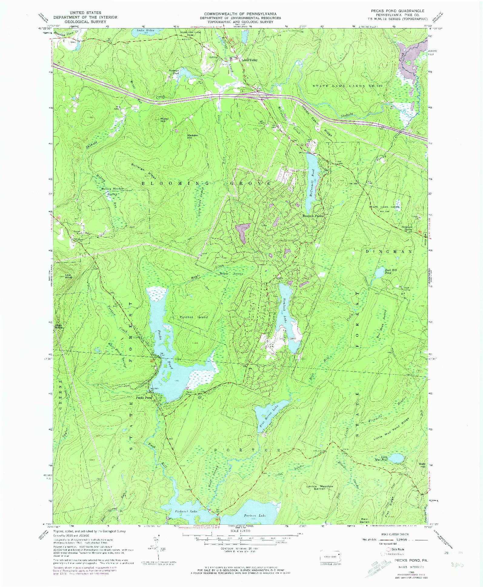 USGS 1:24000-SCALE QUADRANGLE FOR PECKS POND, PA 1966