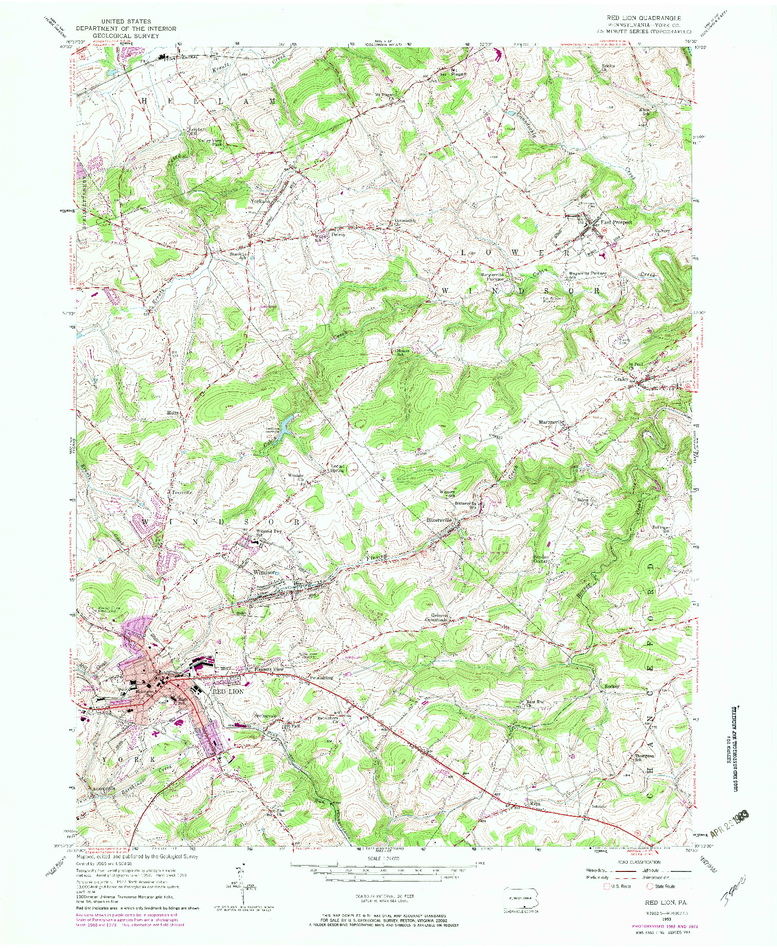 USGS 1:24000-SCALE QUADRANGLE FOR RED LION, PA 1953
