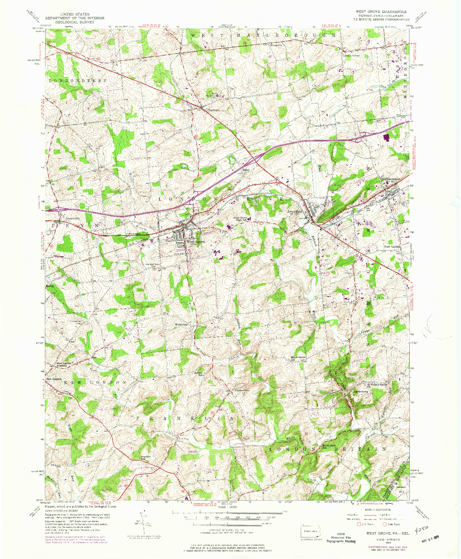 USGS 1:24000-SCALE QUADRANGLE FOR WEST GROVE, PA 1953