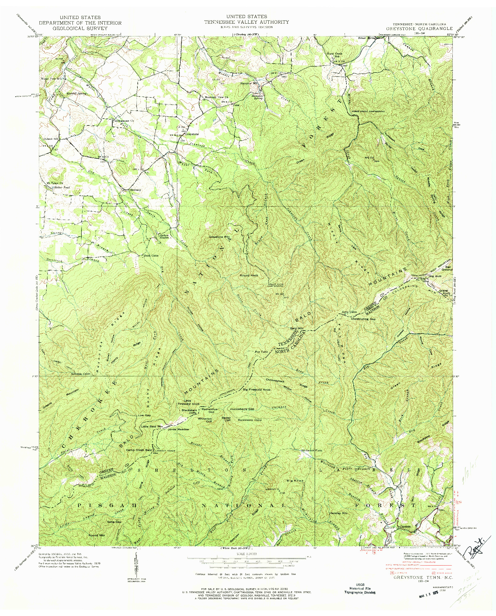 USGS 1:24000-SCALE QUADRANGLE FOR GREYSTONE, TN 1939