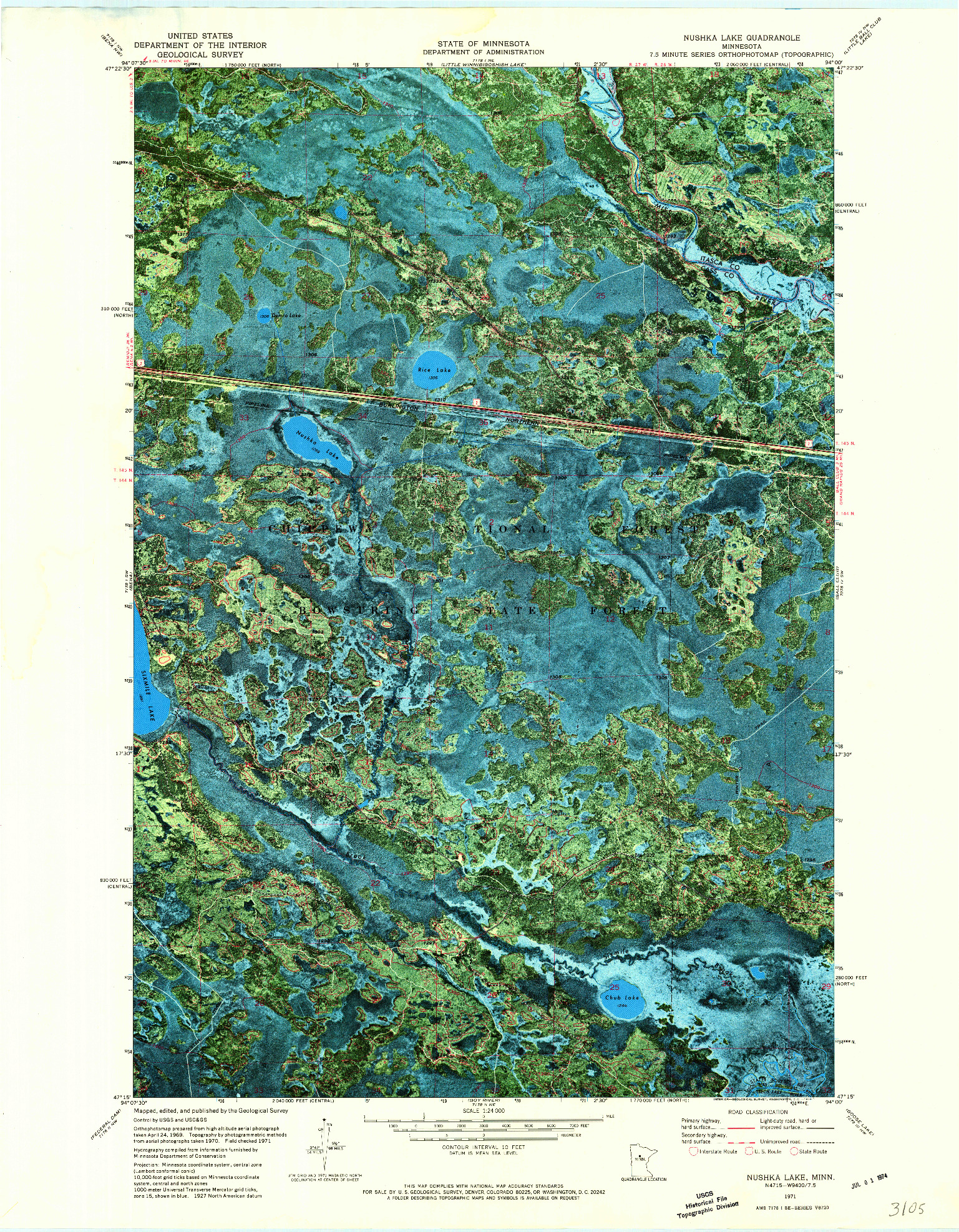 USGS 1:24000-SCALE QUADRANGLE FOR NUSHKA LAKE, MN 1971