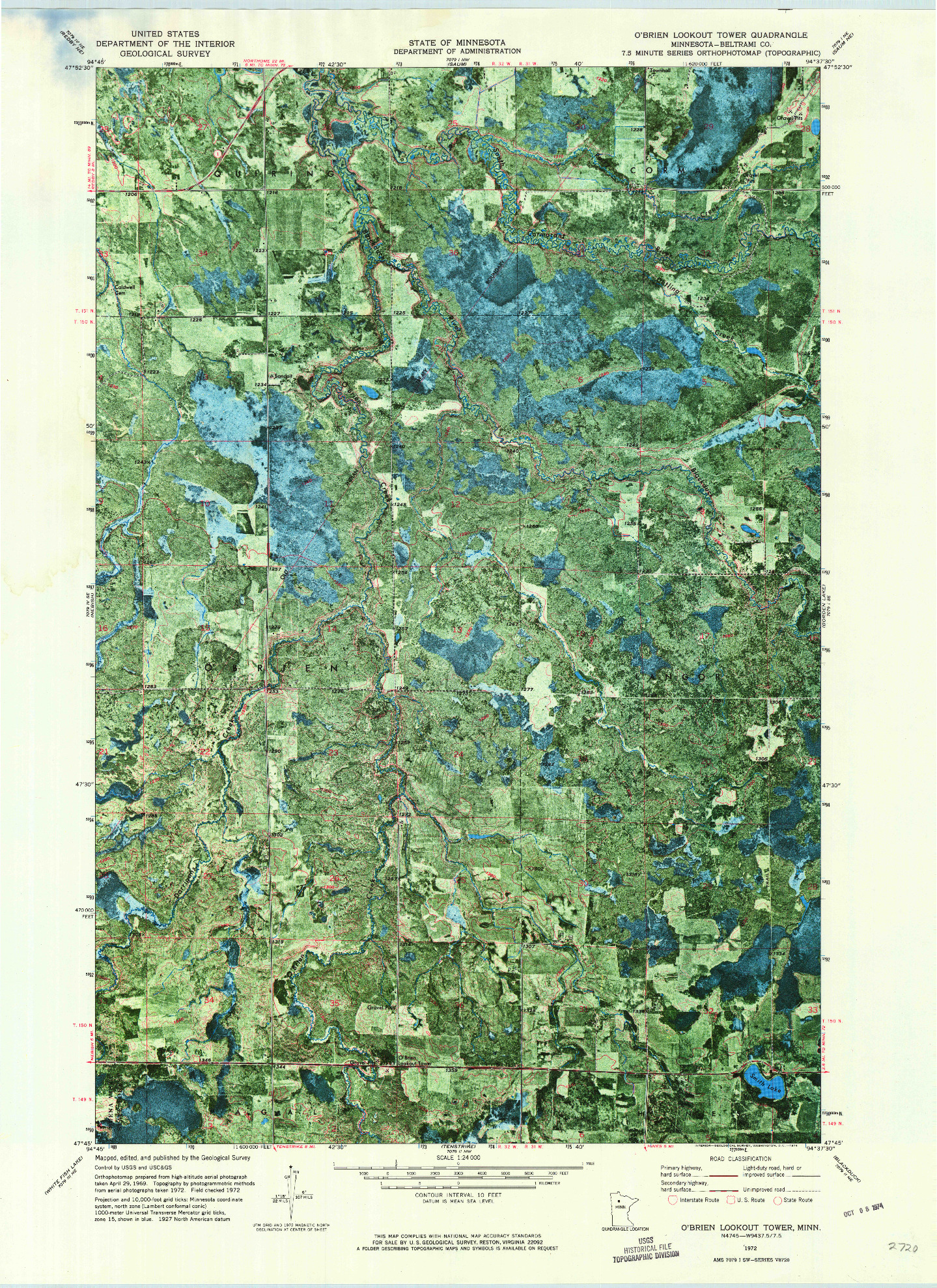 USGS 1:24000-SCALE QUADRANGLE FOR O'BRIEN LOOKOUT TOWER, MN 1972