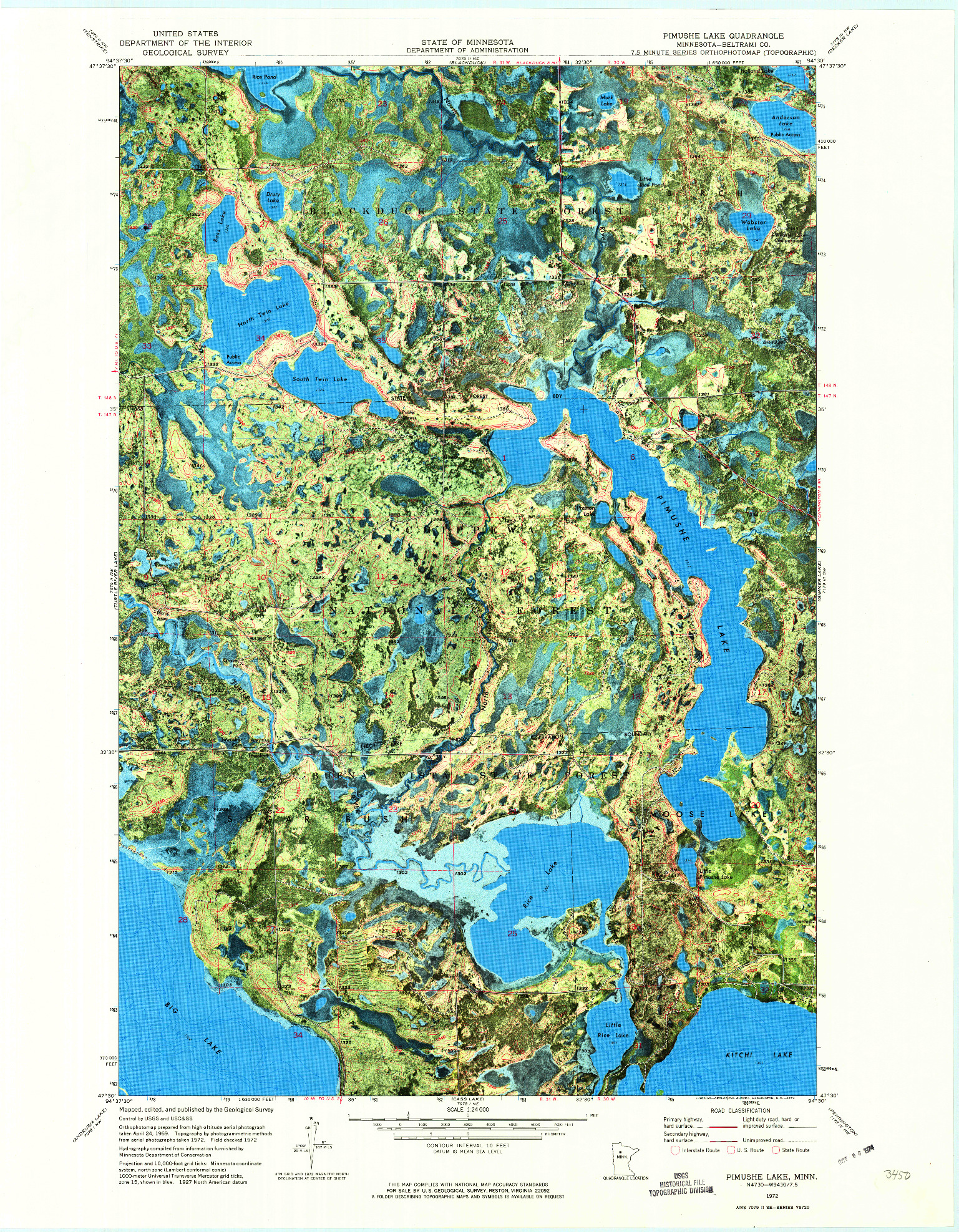 USGS 1:24000-SCALE QUADRANGLE FOR PIMUSHE LAKE, MN 1972
