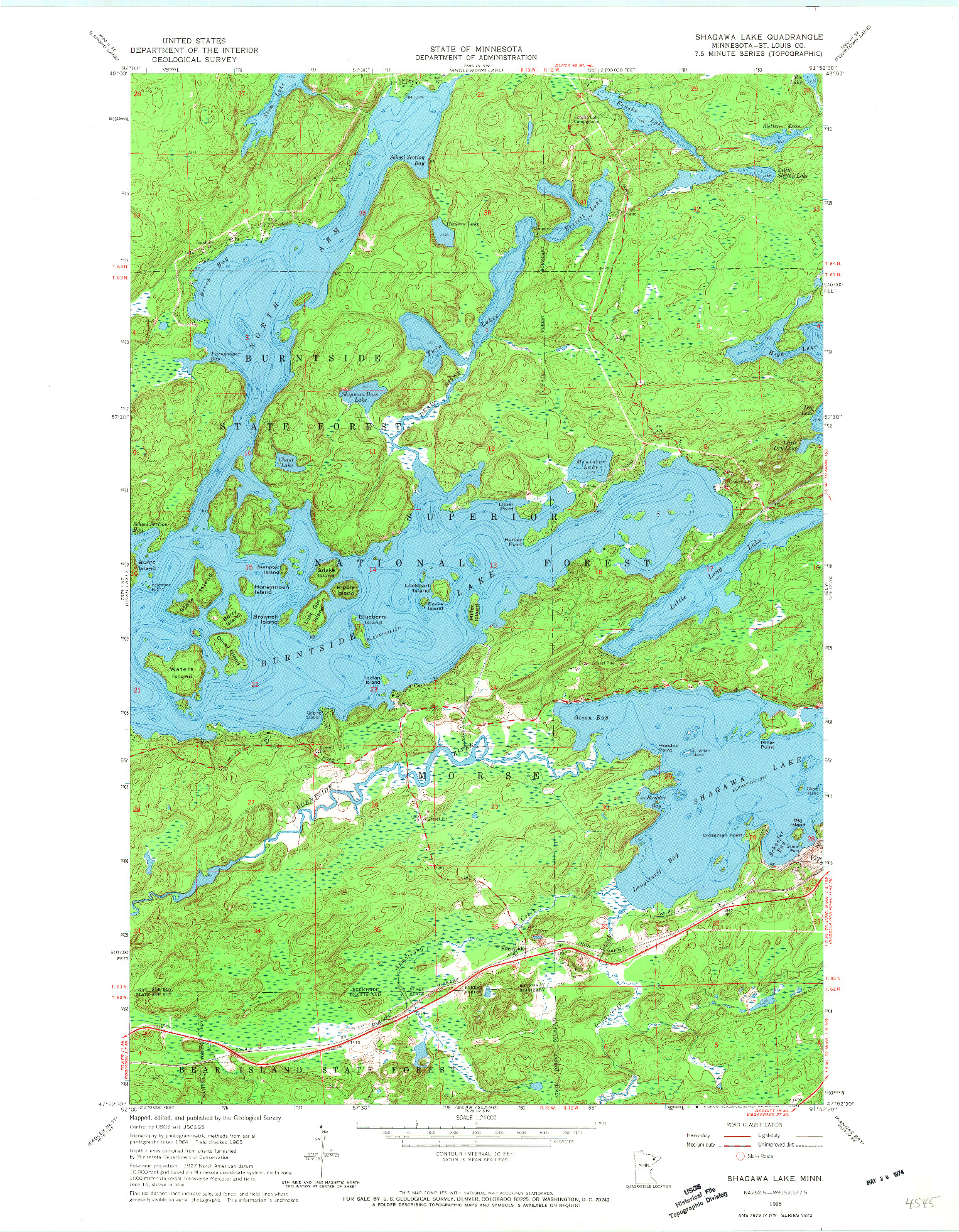 USGS 1:24000-SCALE QUADRANGLE FOR SHAGAWA LAKE, MN 1965