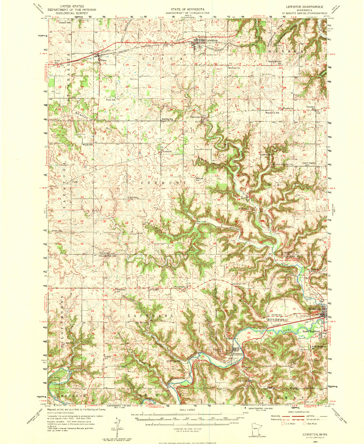 USGS 1:62500-SCALE QUADRANGLE FOR LEWISTON, MN 1954