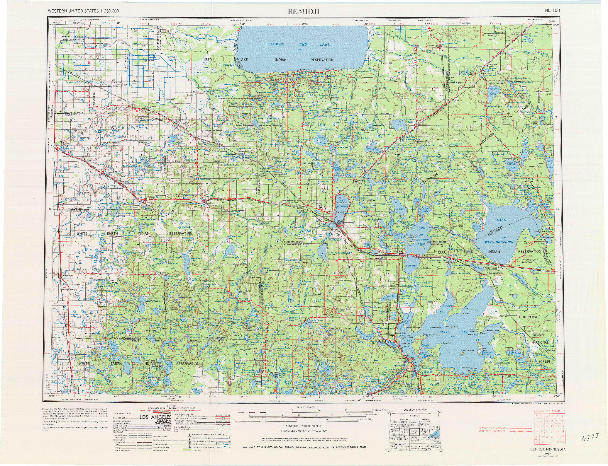 USGS 1:250000-SCALE QUADRANGLE FOR BEMIDJI, MN 1954