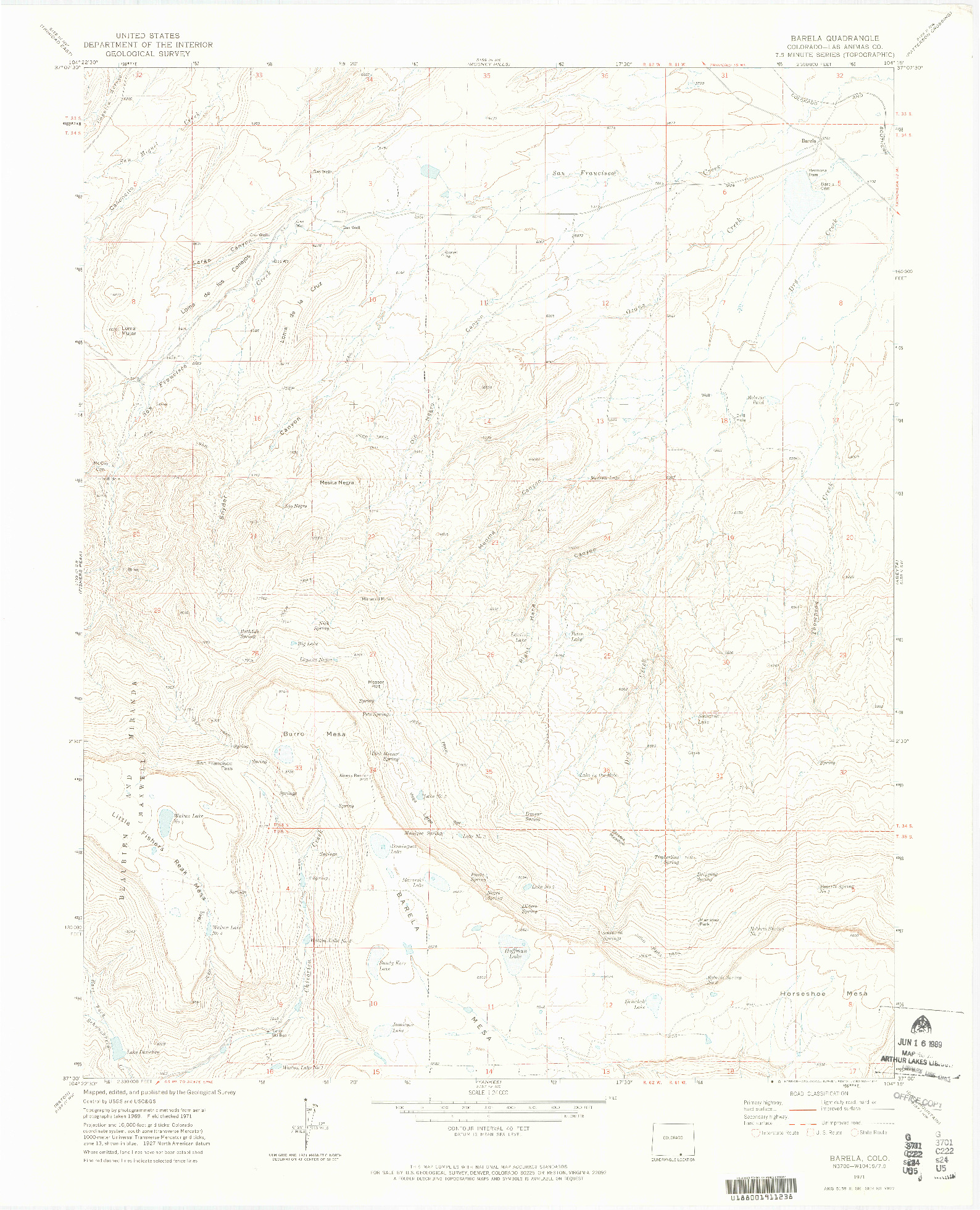 USGS 1:24000-SCALE QUADRANGLE FOR BARELA, CO 1971