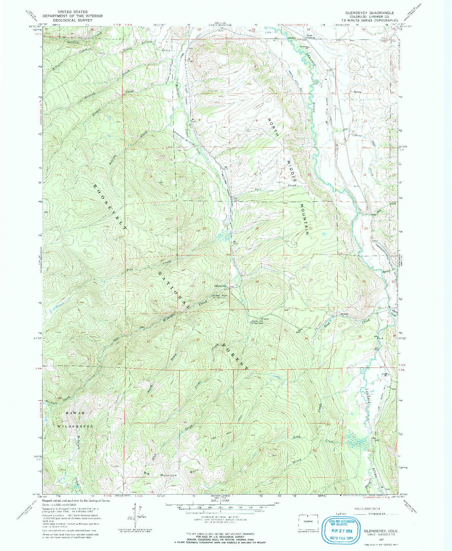 USGS 1:24000-SCALE QUADRANGLE FOR GLENDEVEY, CO 1967