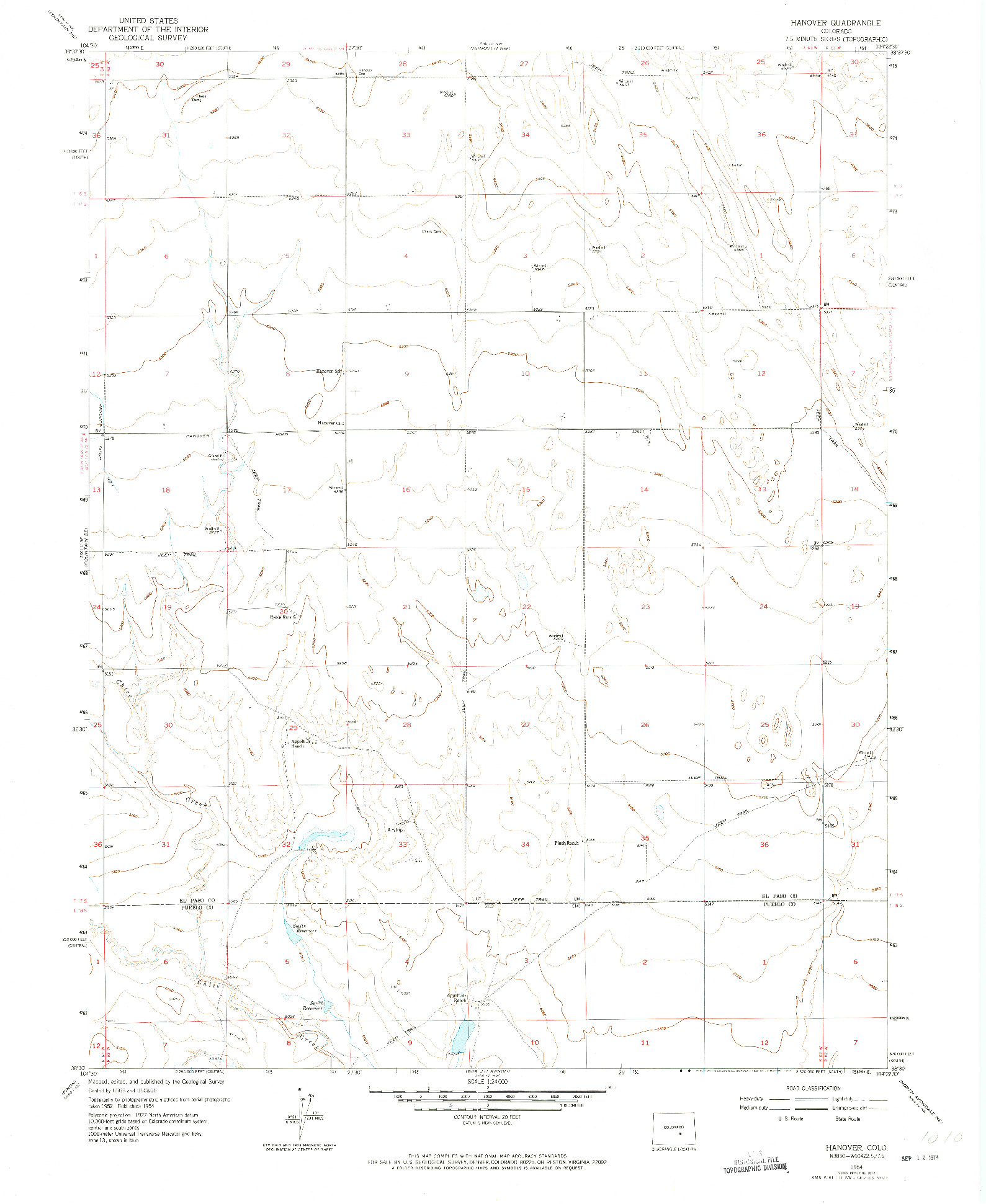 USGS 1:24000-SCALE QUADRANGLE FOR HANOVER, CO 1954